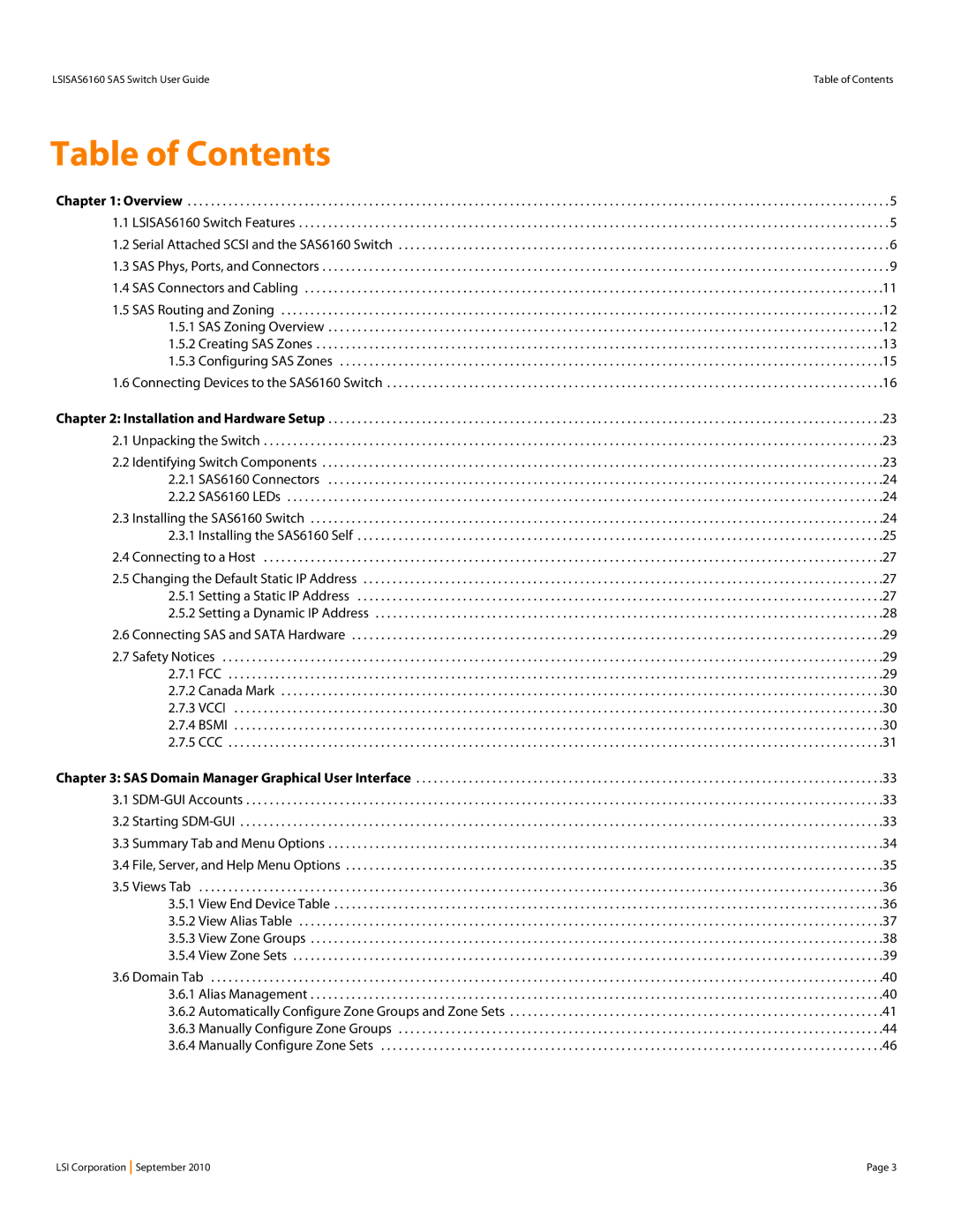 LSI SAS6160 manual Table of Contents 