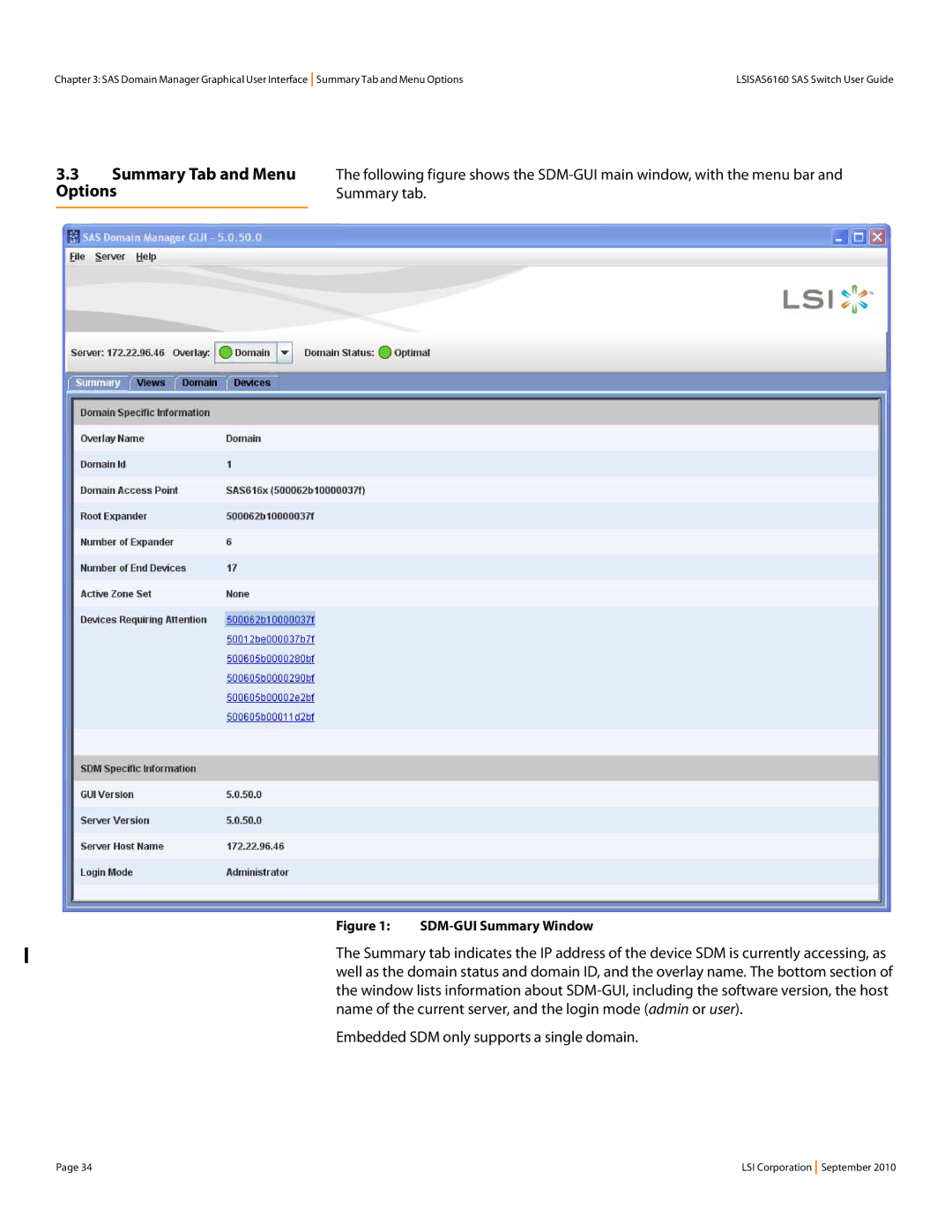 LSI SAS6160 manual Options, Embedded SDM only supports a single domain 