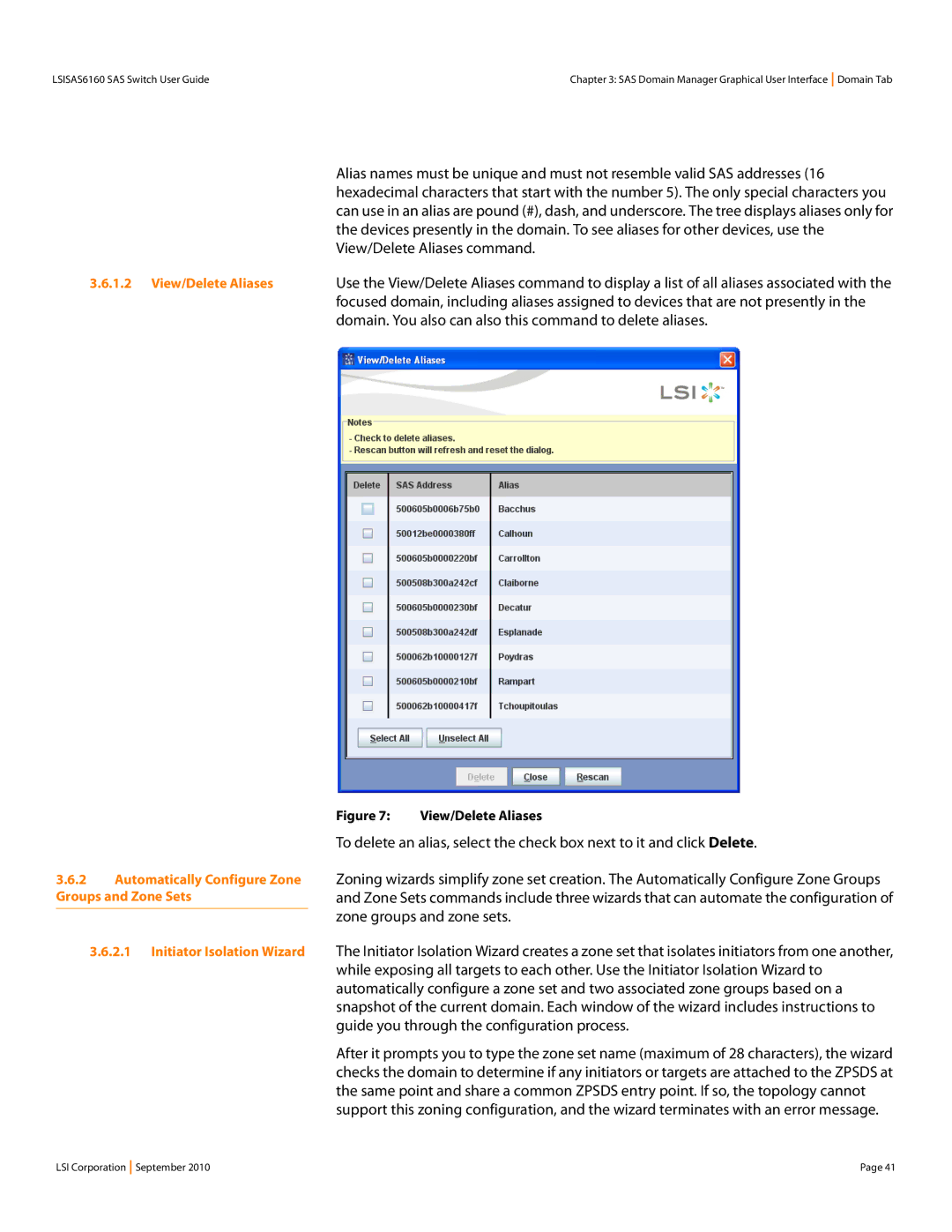 LSI SAS6160 manual View/Delete Aliases command, Domain. You also can also this command to delete aliases 