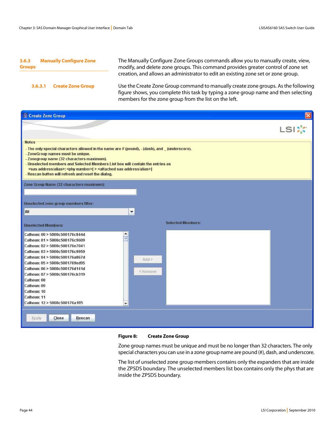 LSI SAS6160 manual Manually Configure Zone Groups Create Zone Group 