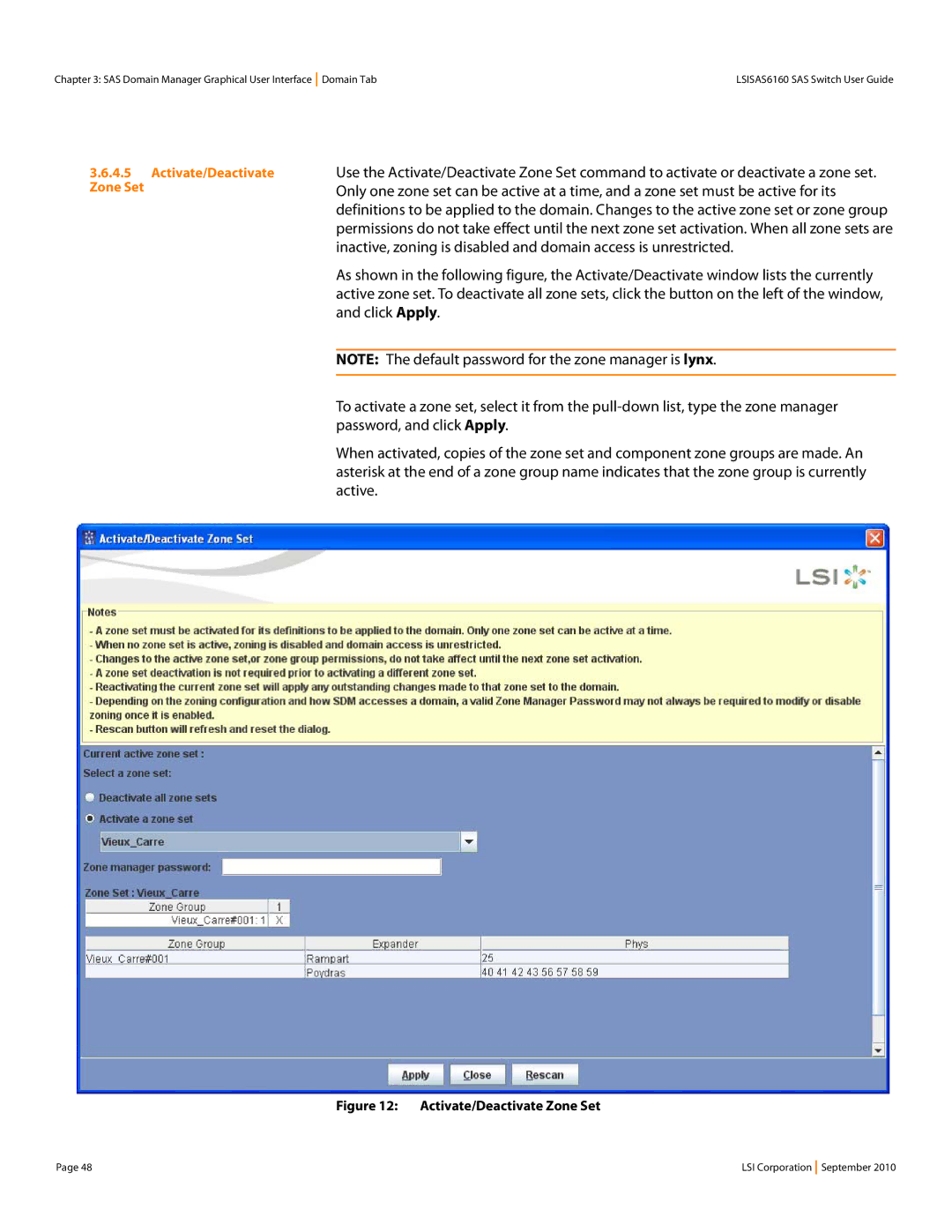 LSI SAS6160 manual Activate/Deactivate Zone Set 