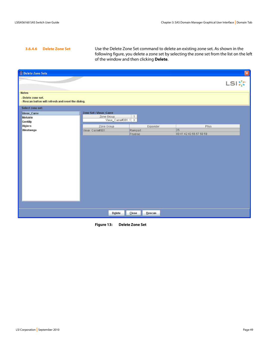 LSI SAS6160 manual Window and then clicking Delete, Delete Zone Set 