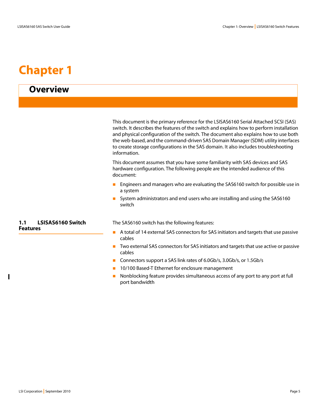 LSI SAS6160 manual Chapter, Features 