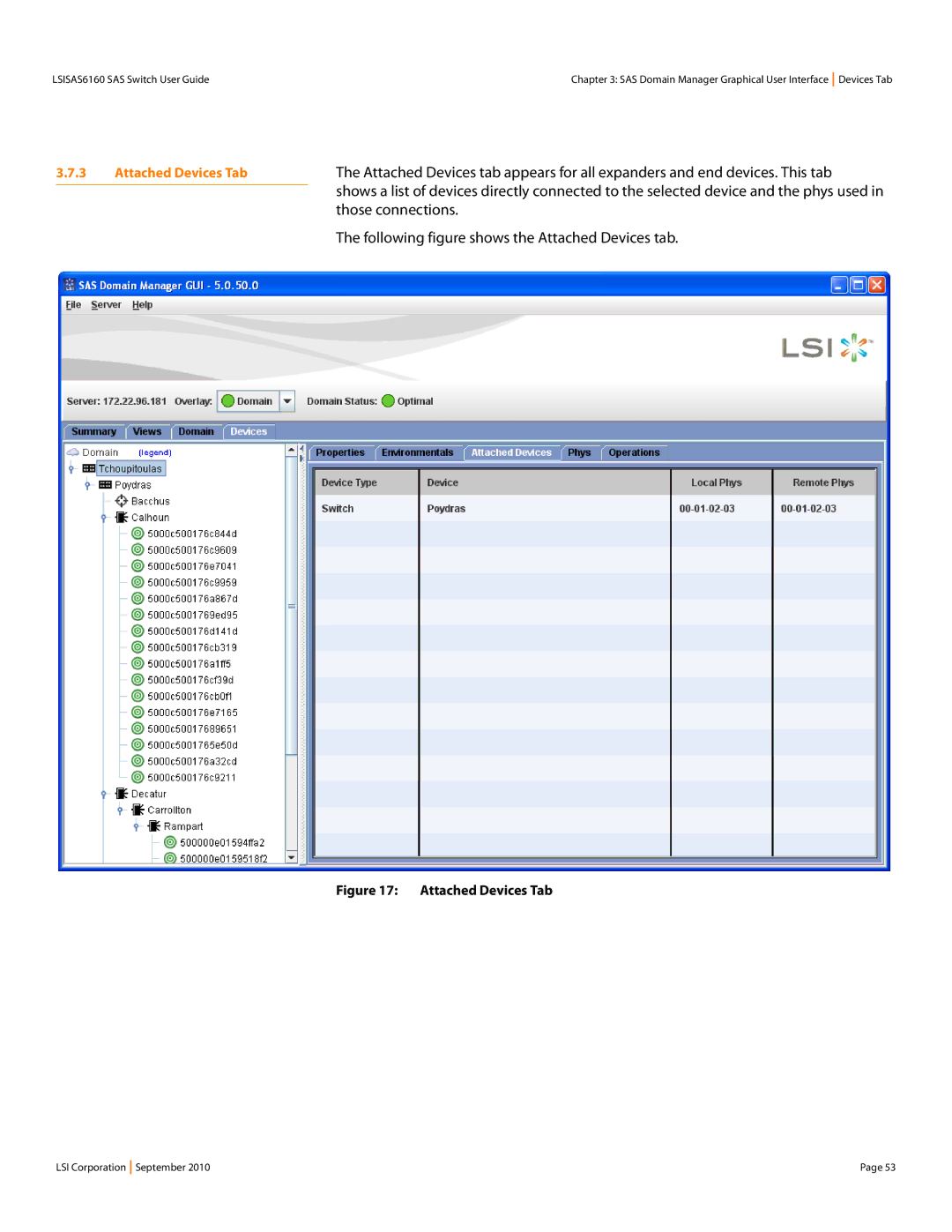 LSI SAS6160 manual Those connections, Following figure shows the Attached Devices tab, Attached Devices Tab 