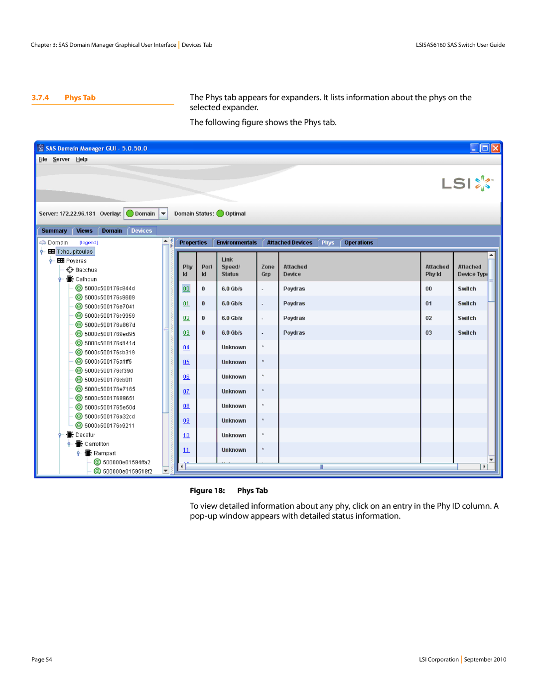 LSI SAS6160 manual Selected expander, Following figure shows the Phys tab 