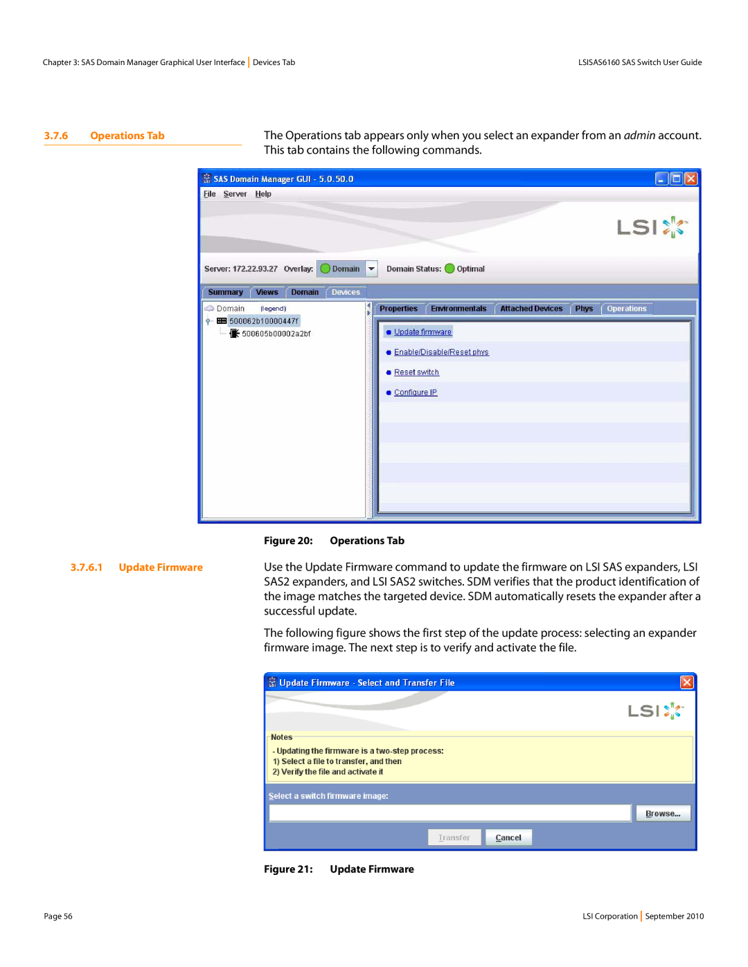 LSI SAS6160 manual This tab contains the following commands, Successful update, Operations Tab, Update Firmware 