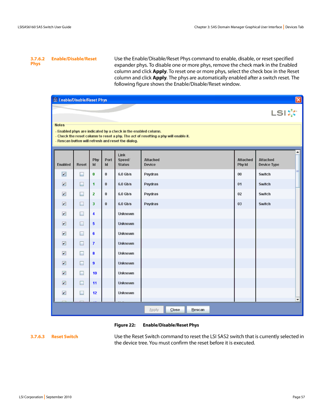 LSI SAS6160 manual Following figure shows the Enable/Disable/Reset window, Phys, Reset Switch 