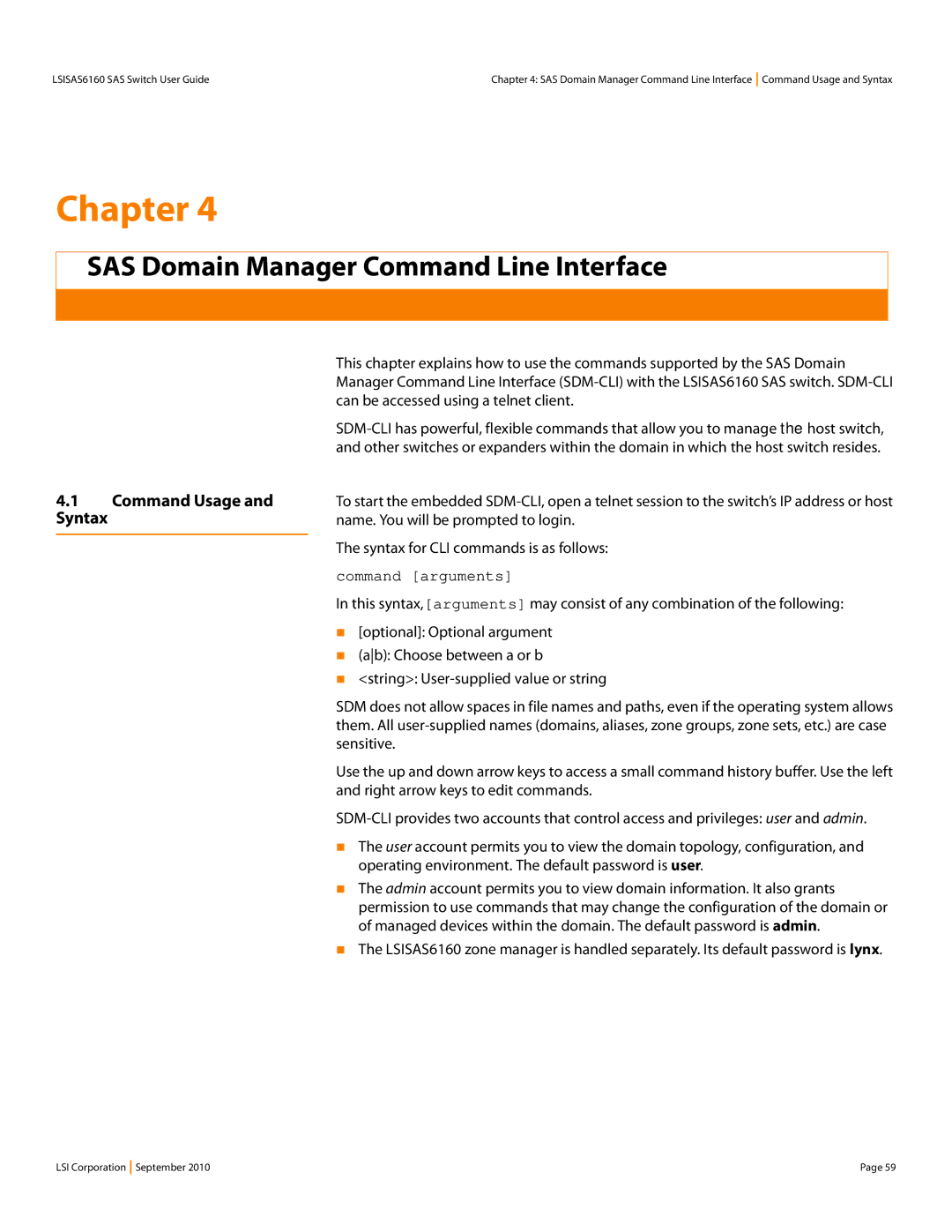 LSI SAS6160 manual Command Usage Syntax, Command arguments 