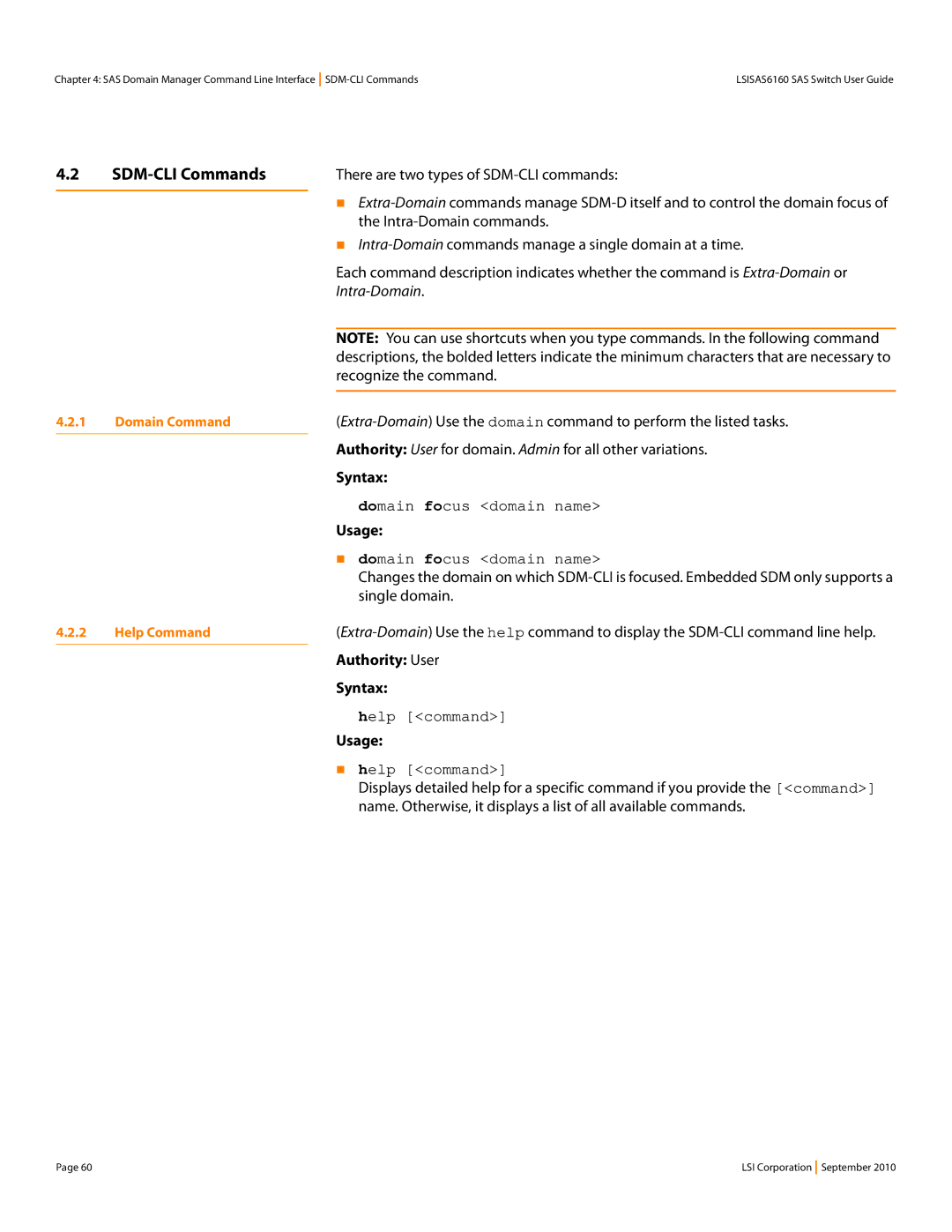 LSI SAS6160 manual SDM-CLI Commands, Domain focus domain name, „ domain focus domain name, Help command, „ help command 