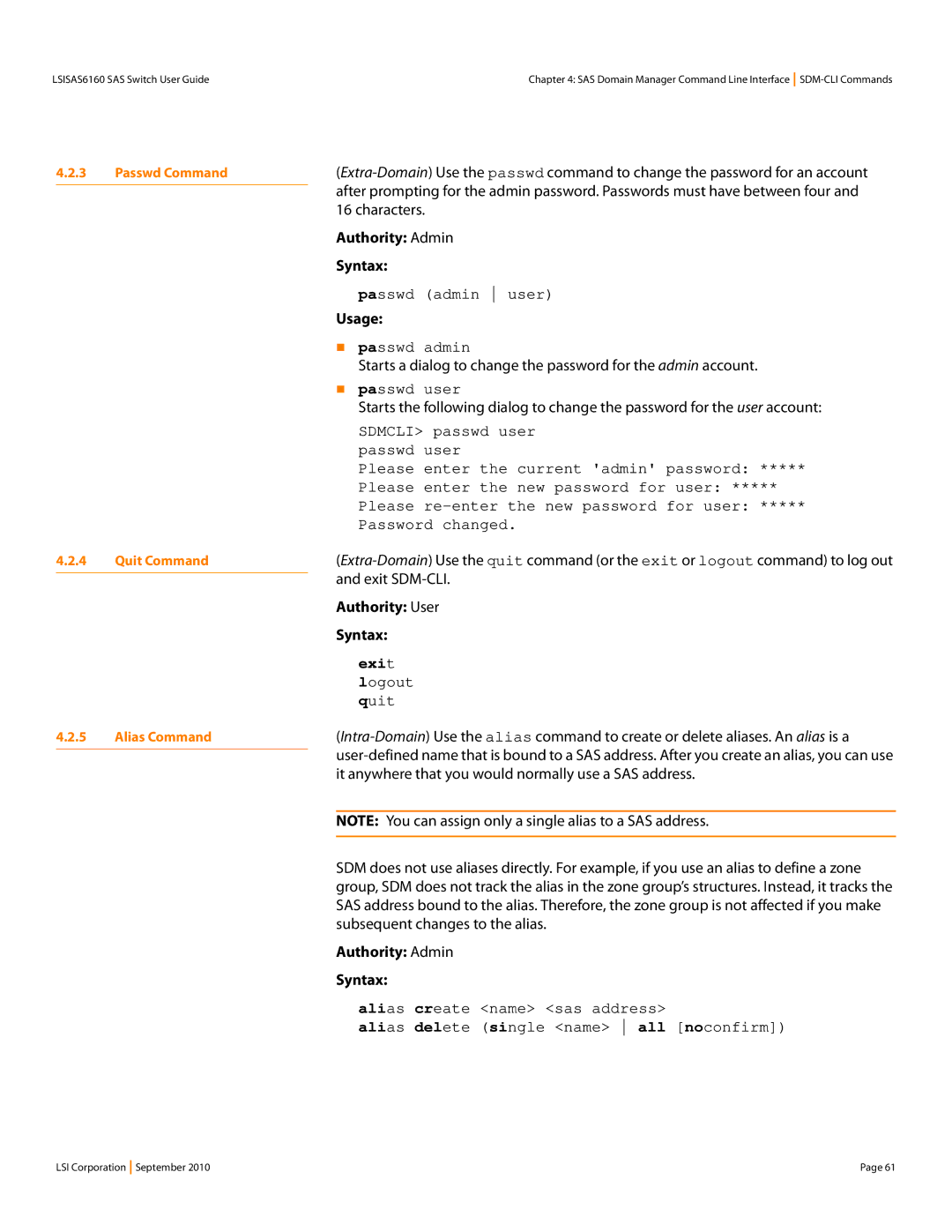 LSI SAS6160 manual Passwd admin user, „ passwd admin, „ passwd user, Exit, Logout quit 