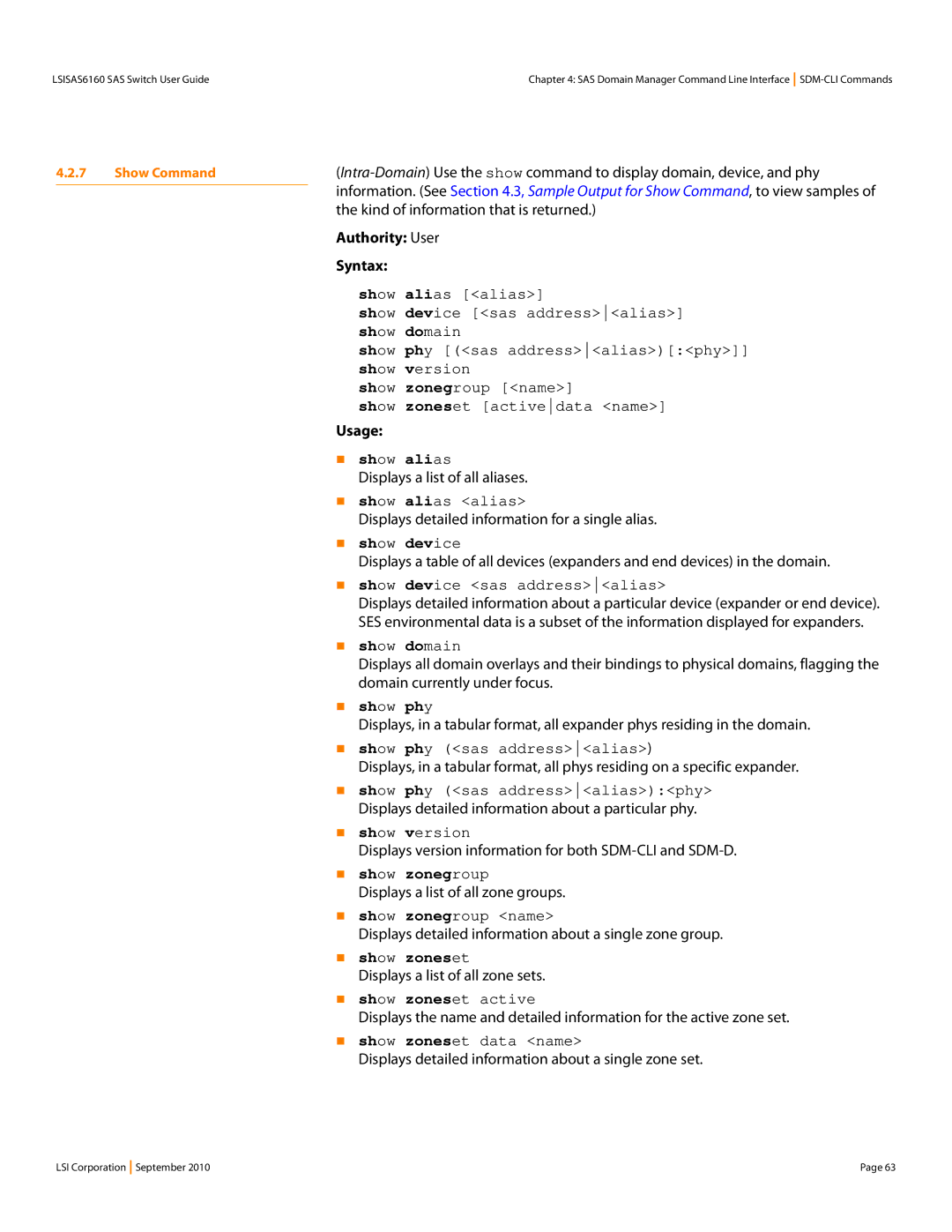 LSI SAS6160 manual „ show alias, „ show phy, „ show zonegroup, „ show zoneset 