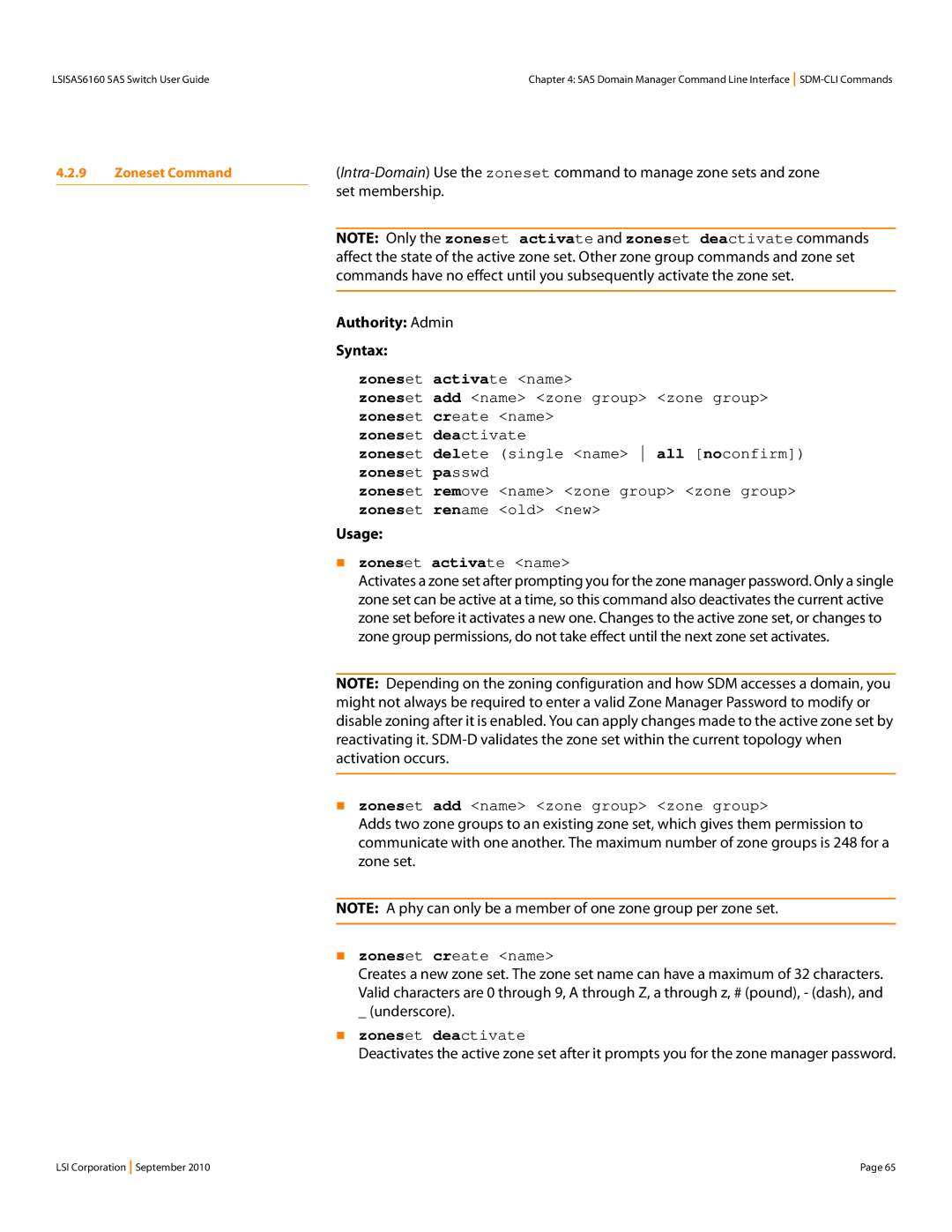 LSI SAS6160 manual Set membership, „ zoneset activate name, „ zoneset add name zone group zone group, „ zoneset create name 