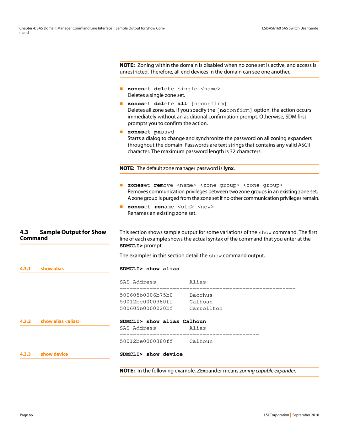 LSI SAS6160 manual Sample Output for Show Command, „ zoneset passwd, Sdmcli show alias Calhoun, Sdmcli show device 