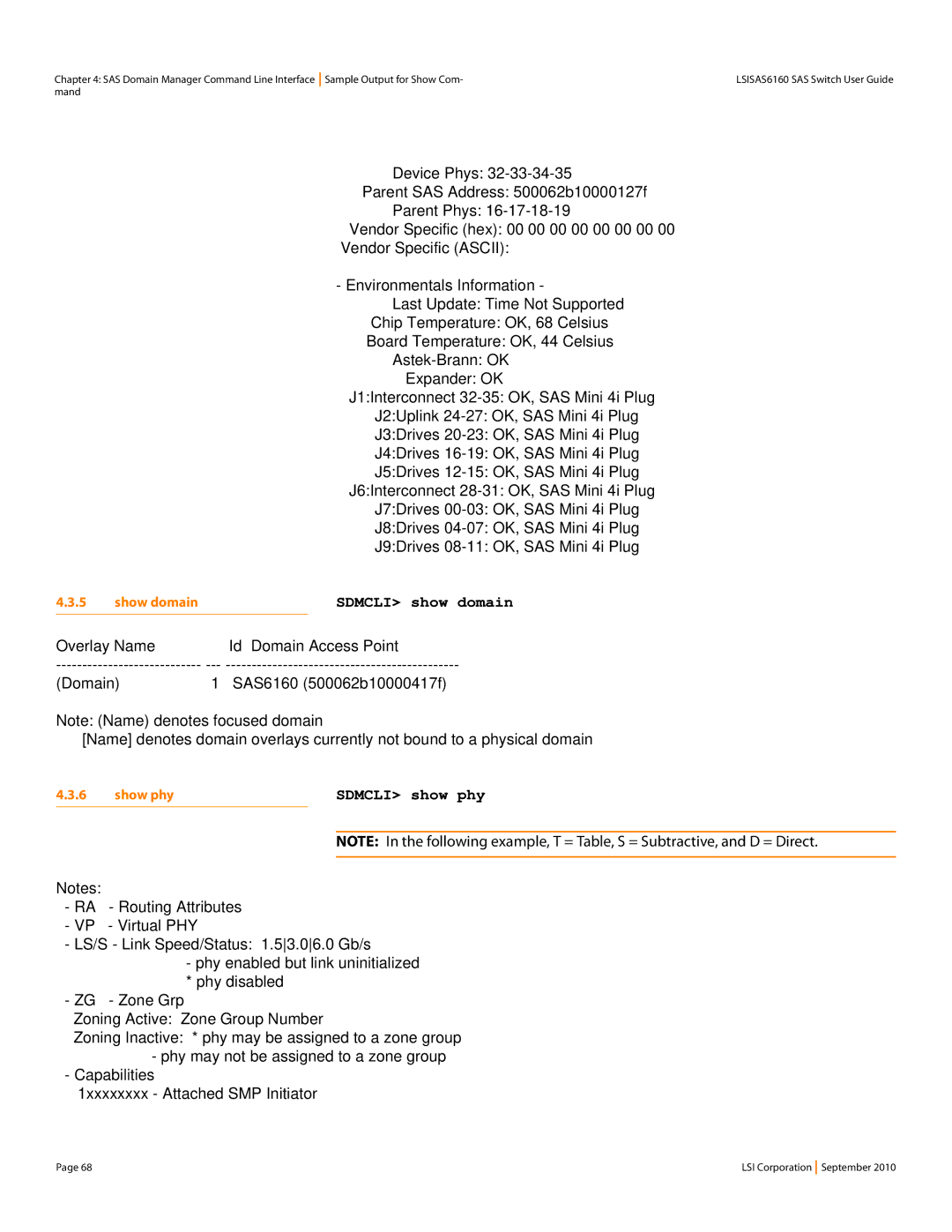 LSI SAS6160 manual Sdmcli show domain, Sdmcli show phy, Show domain, Show phy 