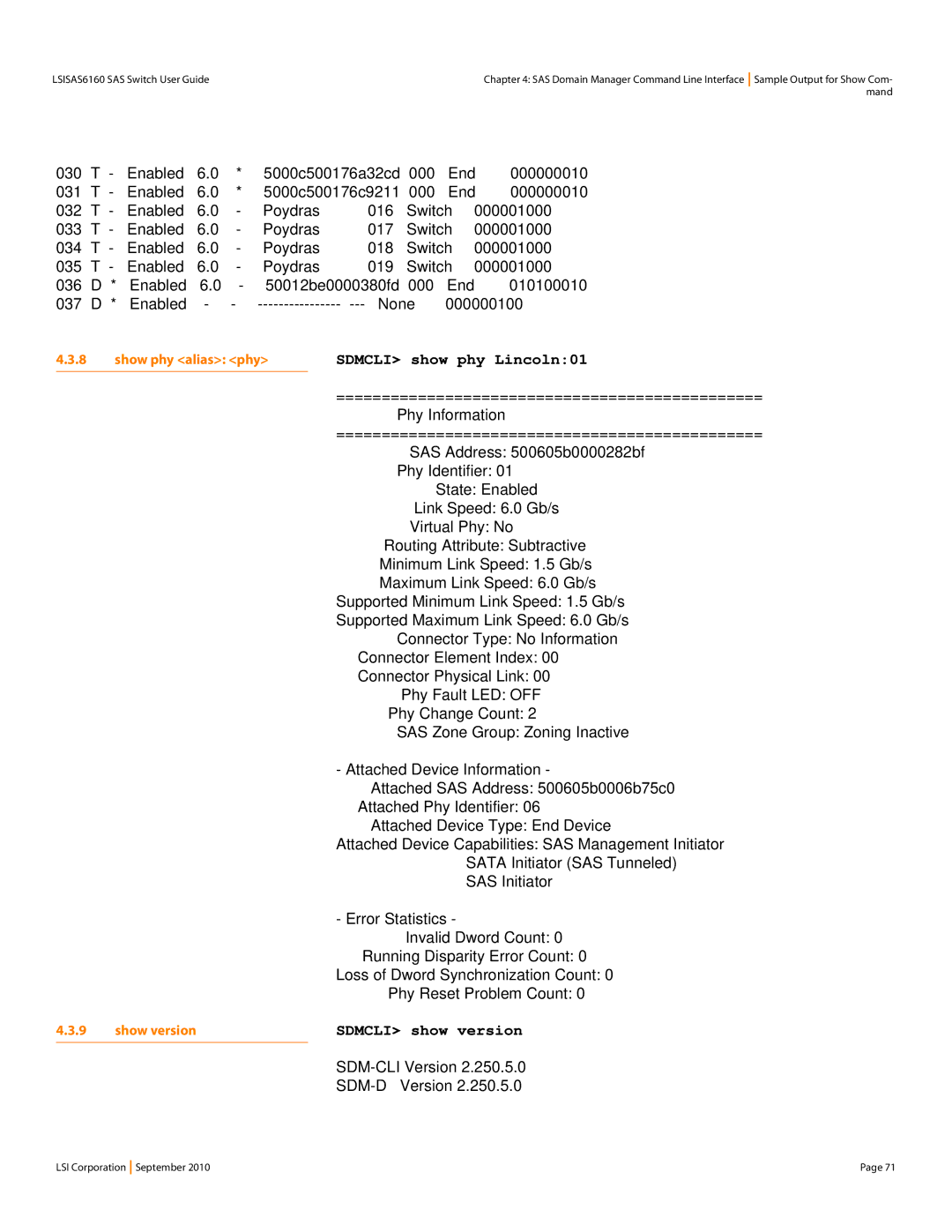 LSI SAS6160 manual Sdmcli show phy Lincoln01, Sdmcli show version, SDM-CLI Version SDM-D Version, Show phy alias phy 