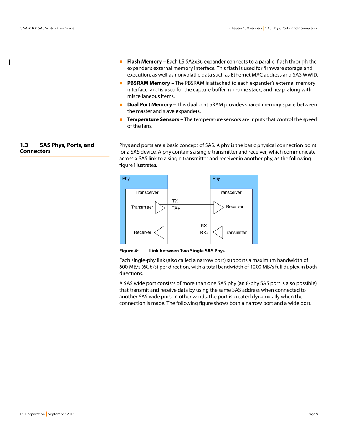 LSI SAS6160 manual SAS Phys, Ports, and Connectors, Link between Two Single SAS Phys 