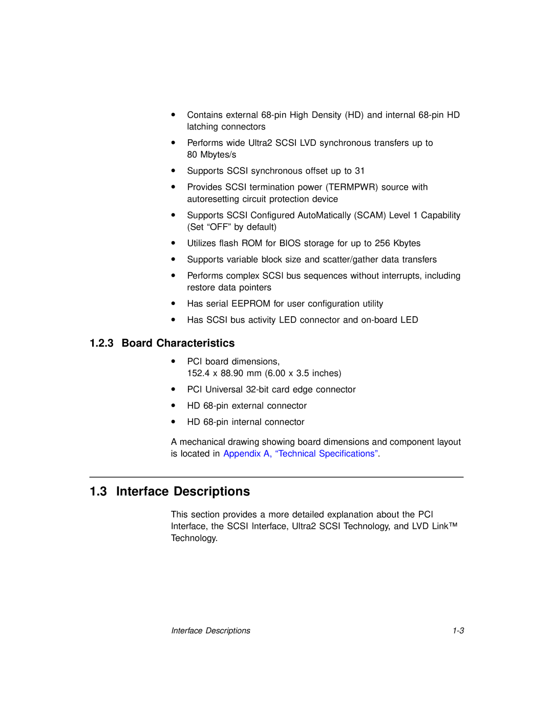 LSI SYM8953U manual Interface Descriptions, Board Characteristics 