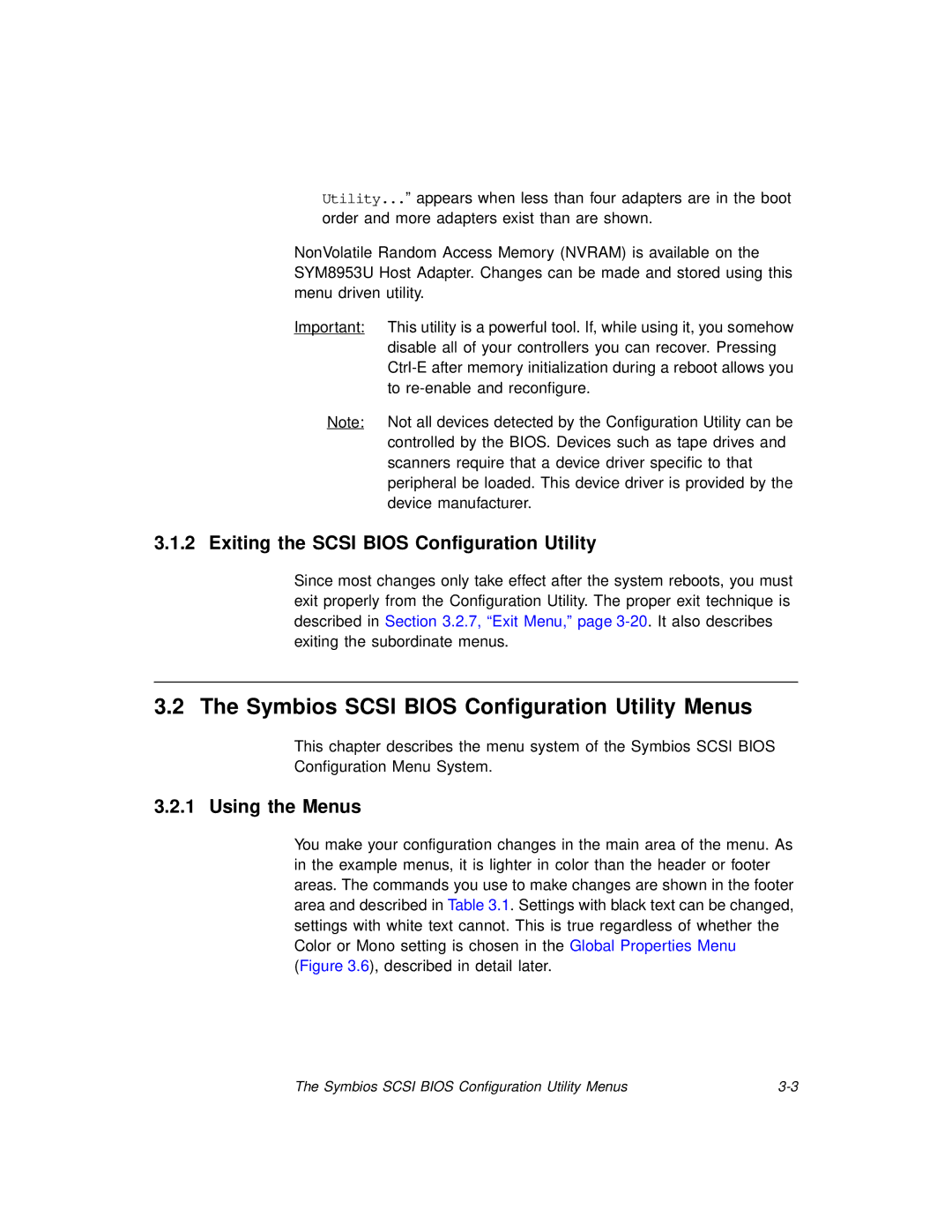 LSI SYM8953U Symbios Scsi Bios Configuration Utility Menus, Exiting the Scsi Bios Configuration Utility, Using the Menus 