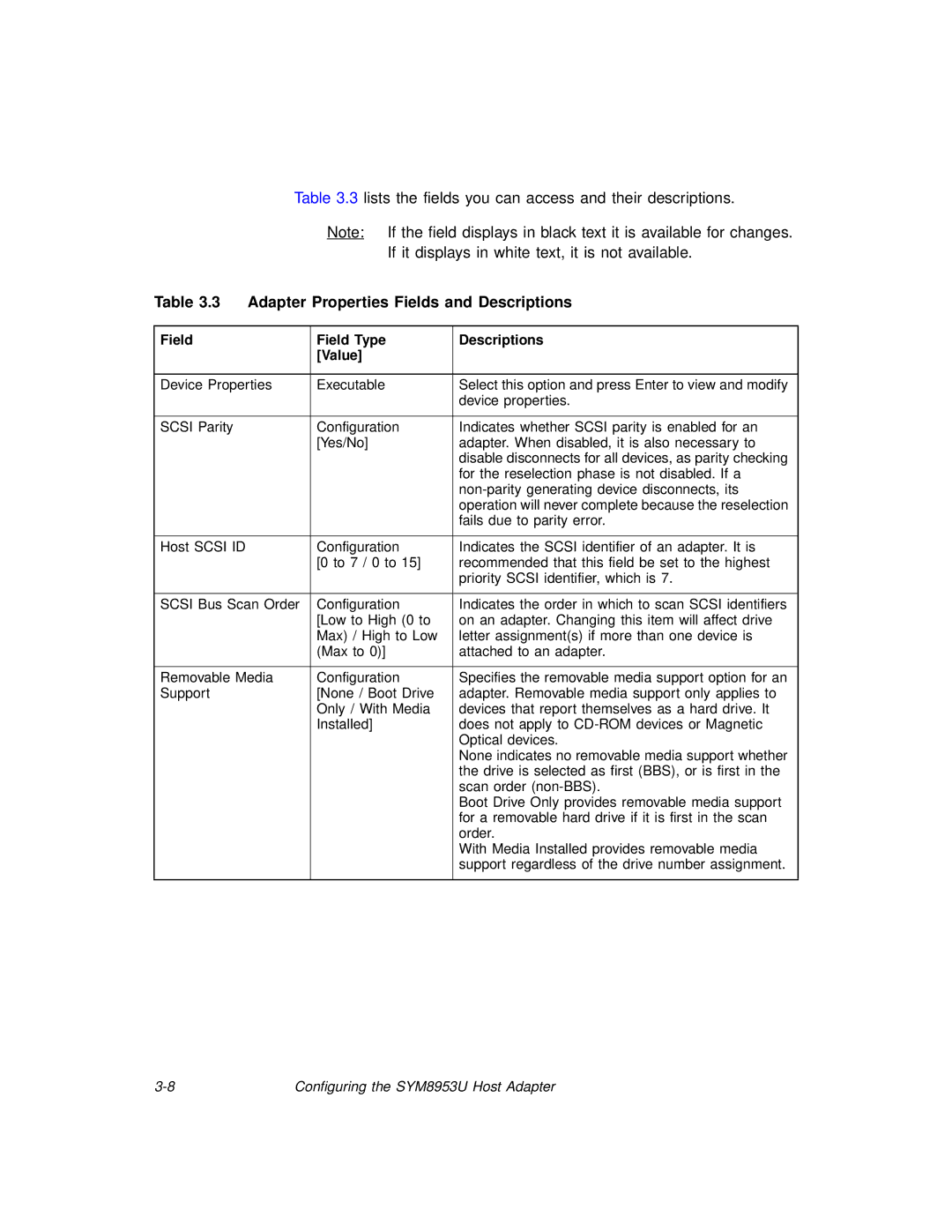 LSI SYM8953U manual Adapter Properties Fields and Descriptions, Field Field Type Descriptions Value 