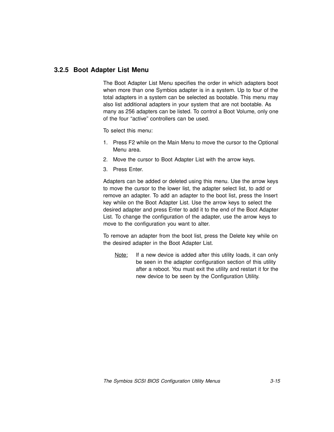 LSI SYM8953U manual Boot Adapter List Menu 