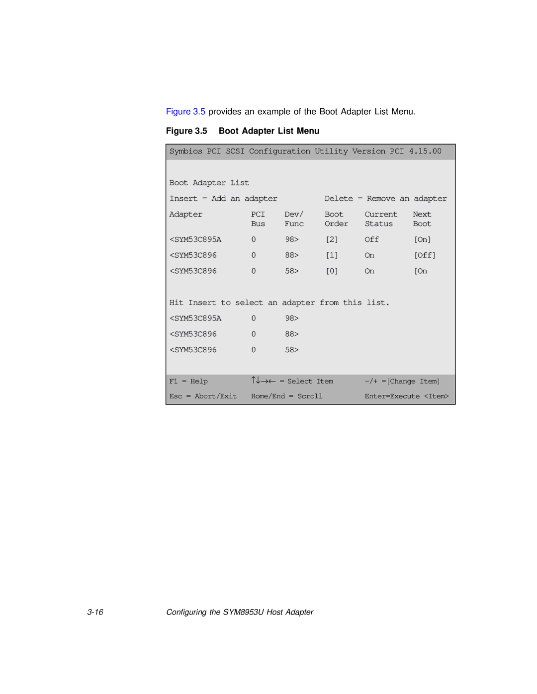 LSI SYM8953U manual Boot Adapter List Menu 