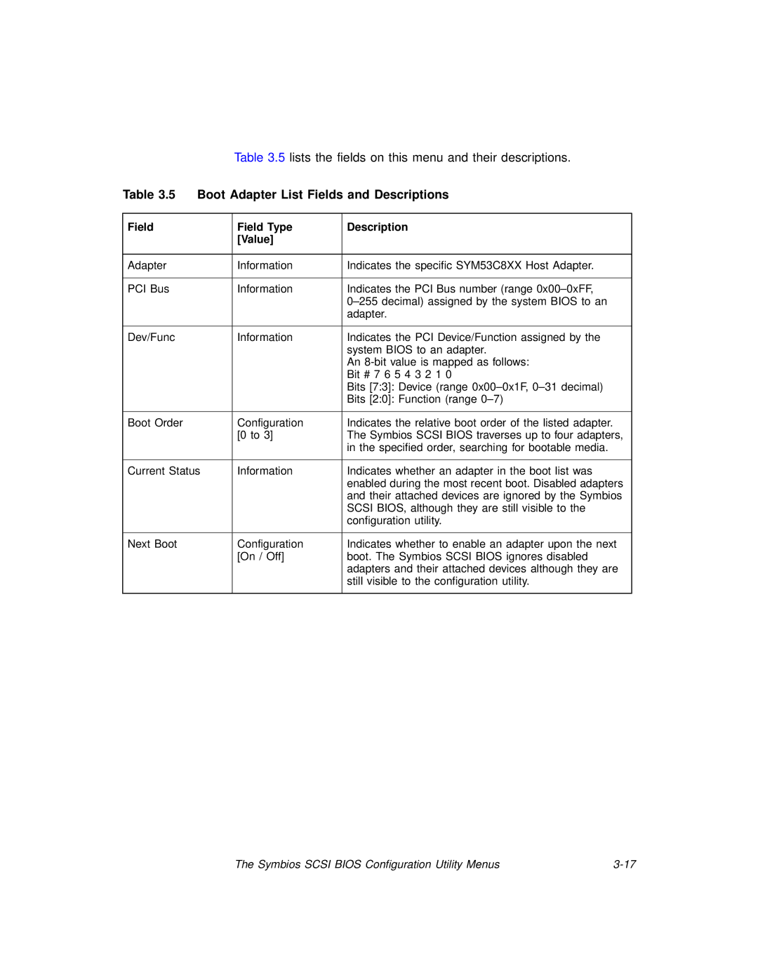 LSI SYM8953U manual Boot Adapter List Fields and Descriptions 