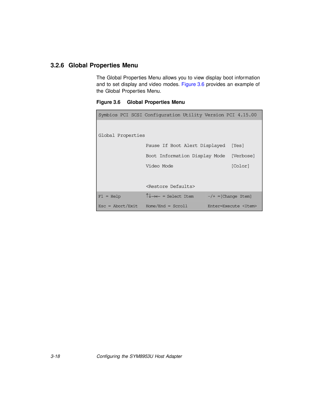 LSI SYM8953U manual Global Properties Menu 