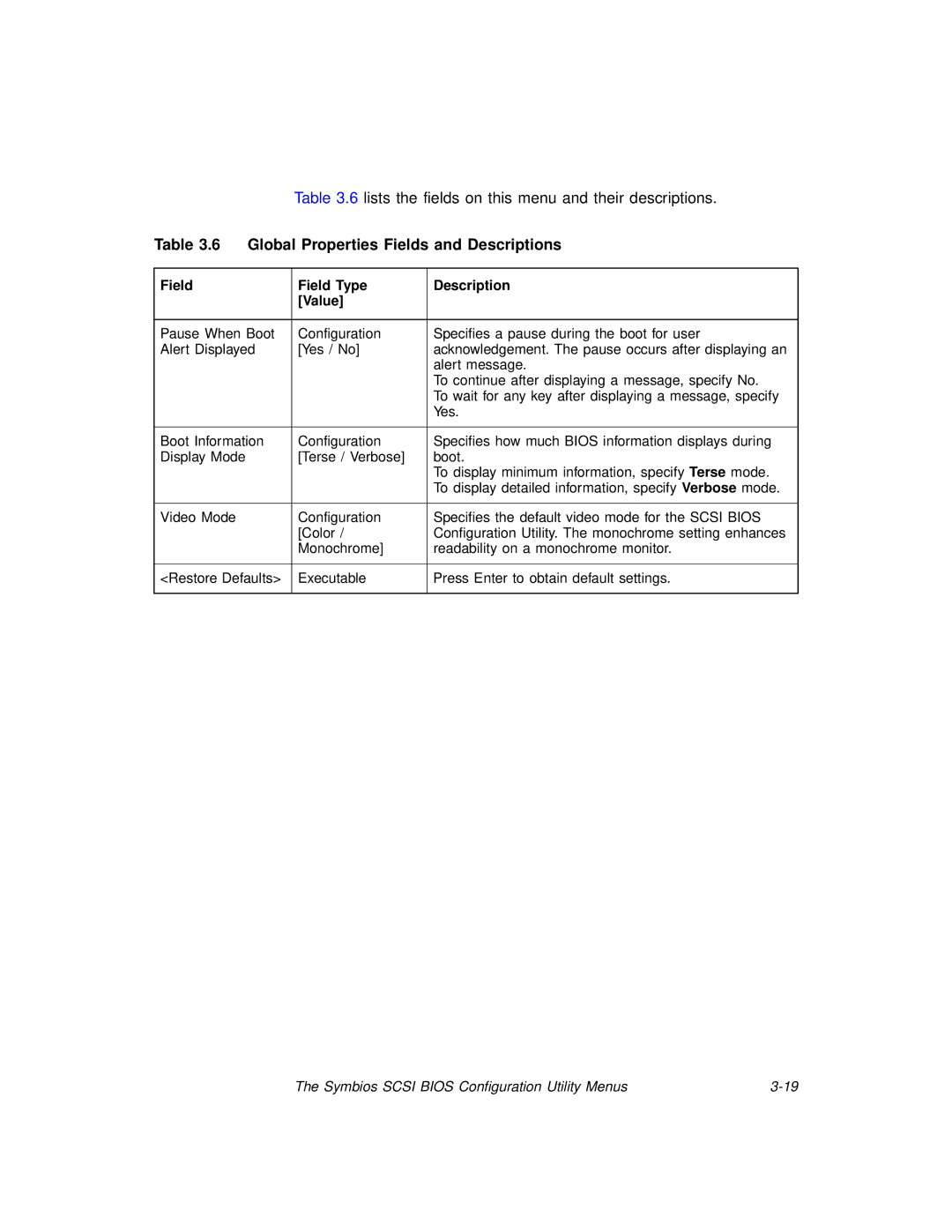 LSI SYM8953U manual Global Properties Fields and Descriptions 