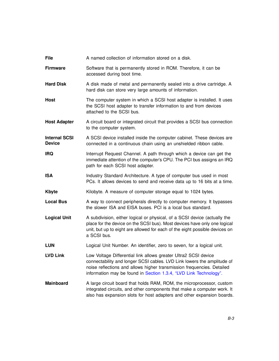 LSI SYM8953U manual File, Firmware, Hard Disk, Host Adapter, Internal Scsi, Kbyte, Local Bus, Logical Unit, LVD Link 