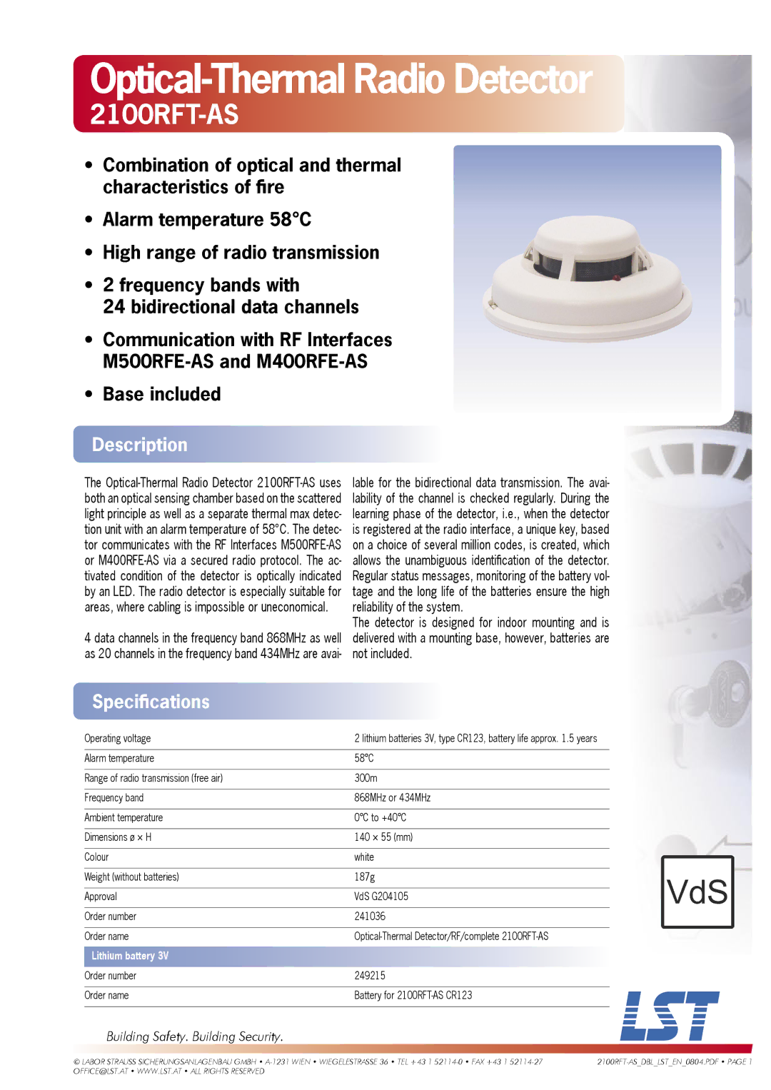 LST 2100RFT-AS specifications Optical-Thermal Radio Detector, Description, Speciﬁcations 