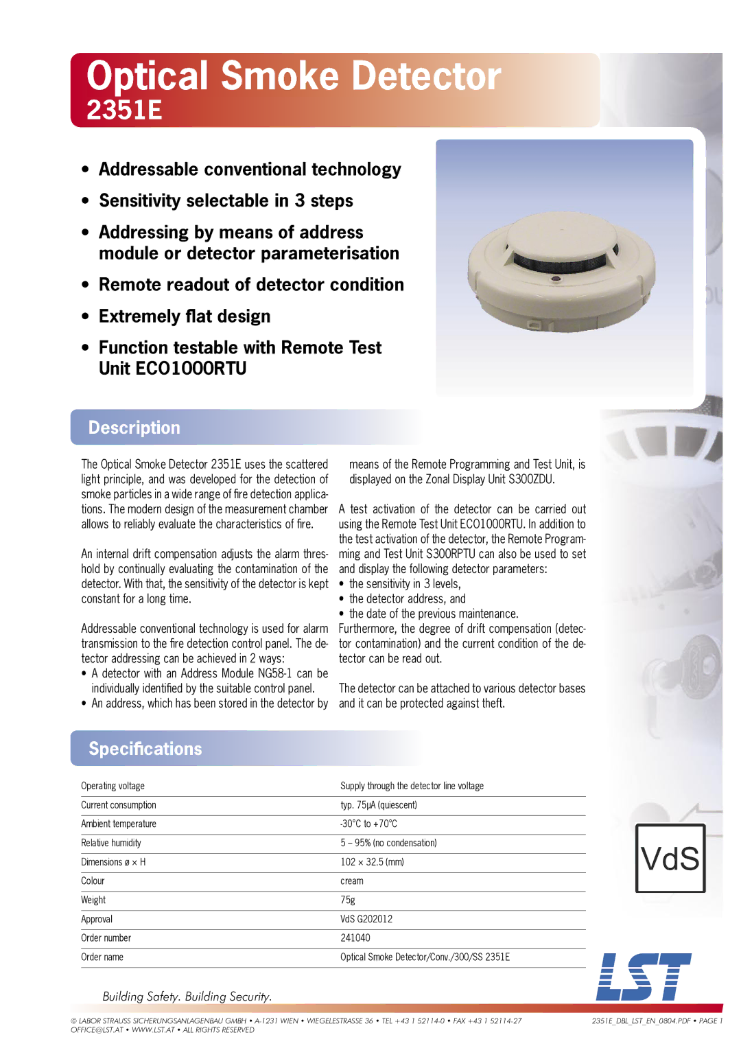 LST 2351E specifications Optical Smoke Detector, Description, Speciﬁcations, Building Safety. Building Security 