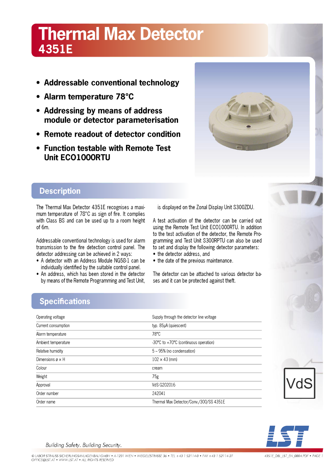 LST 4351E specifications Thermal Max Detector, Description, Speciﬁcations 