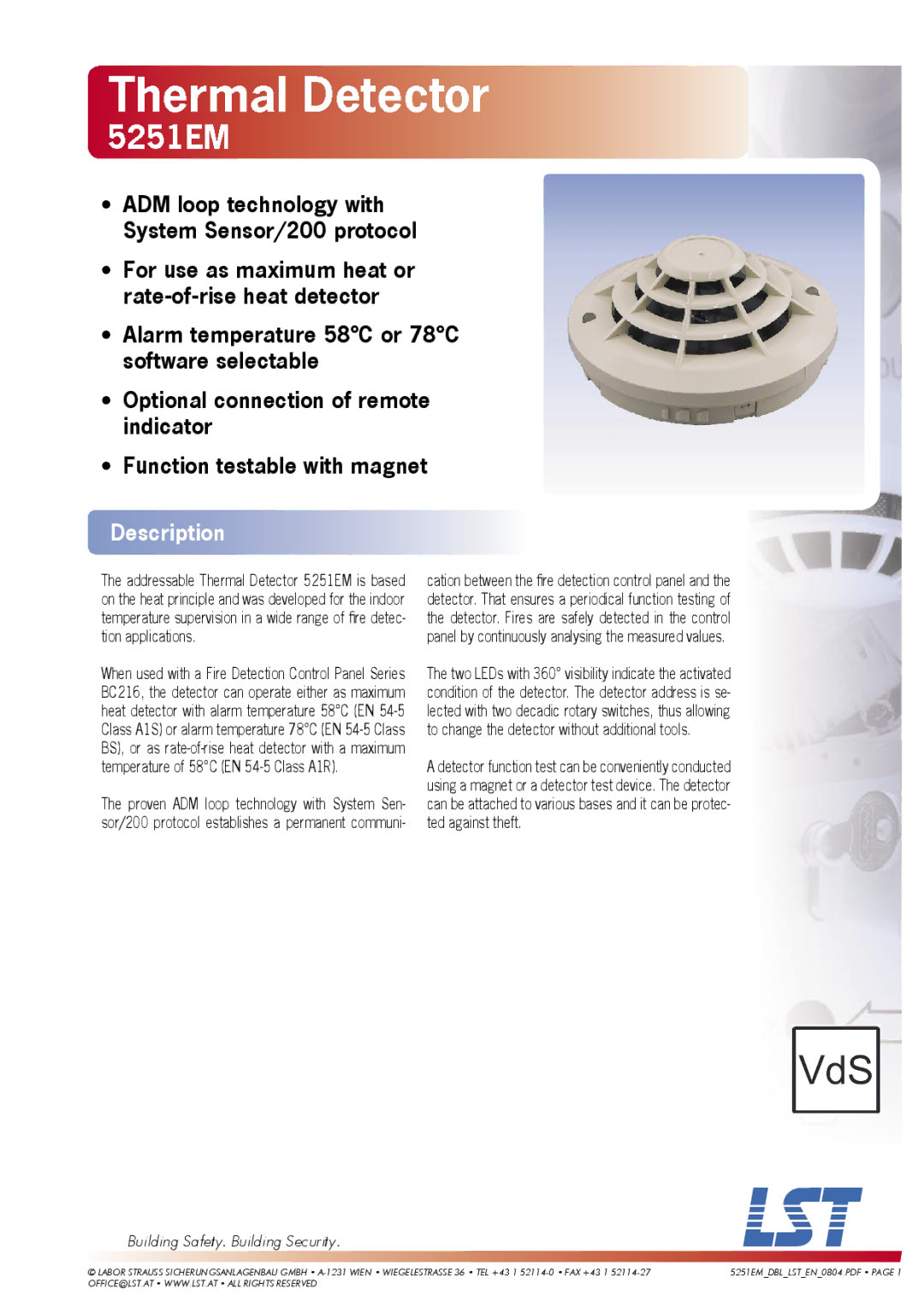 LST 5251EM manual Thermal Detector, Description, Building Safety. Building Security 