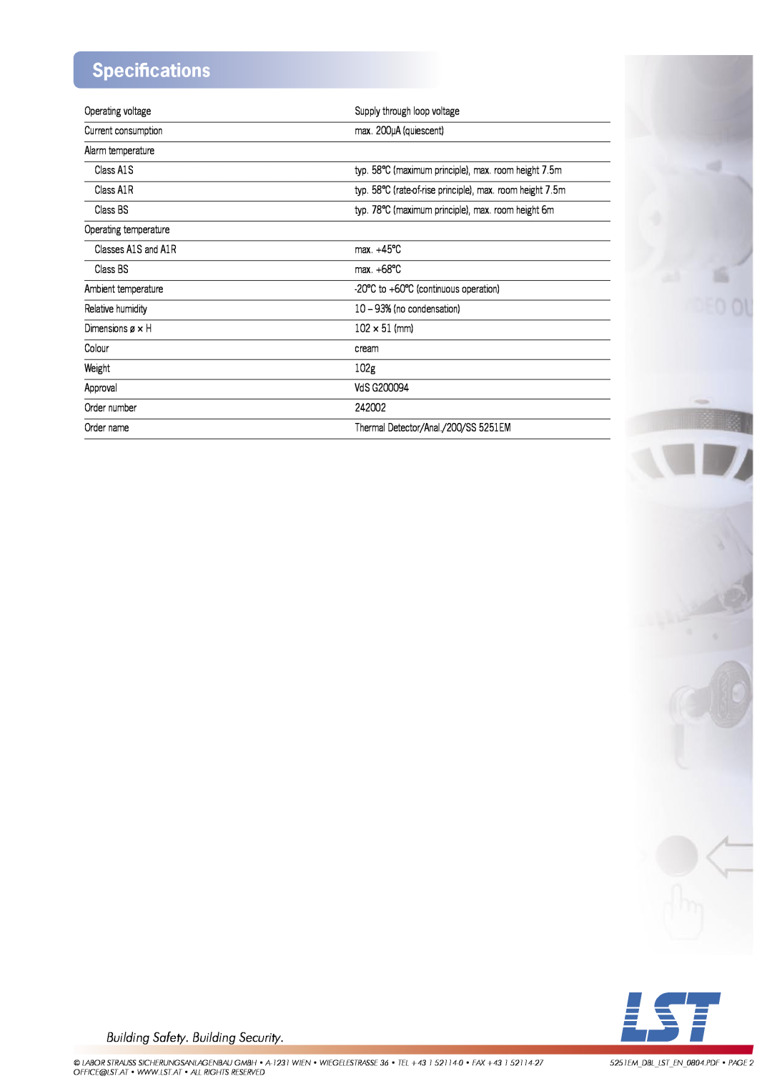 LST 5251EM manual Speciﬁcations, Building Safety. Building Security 