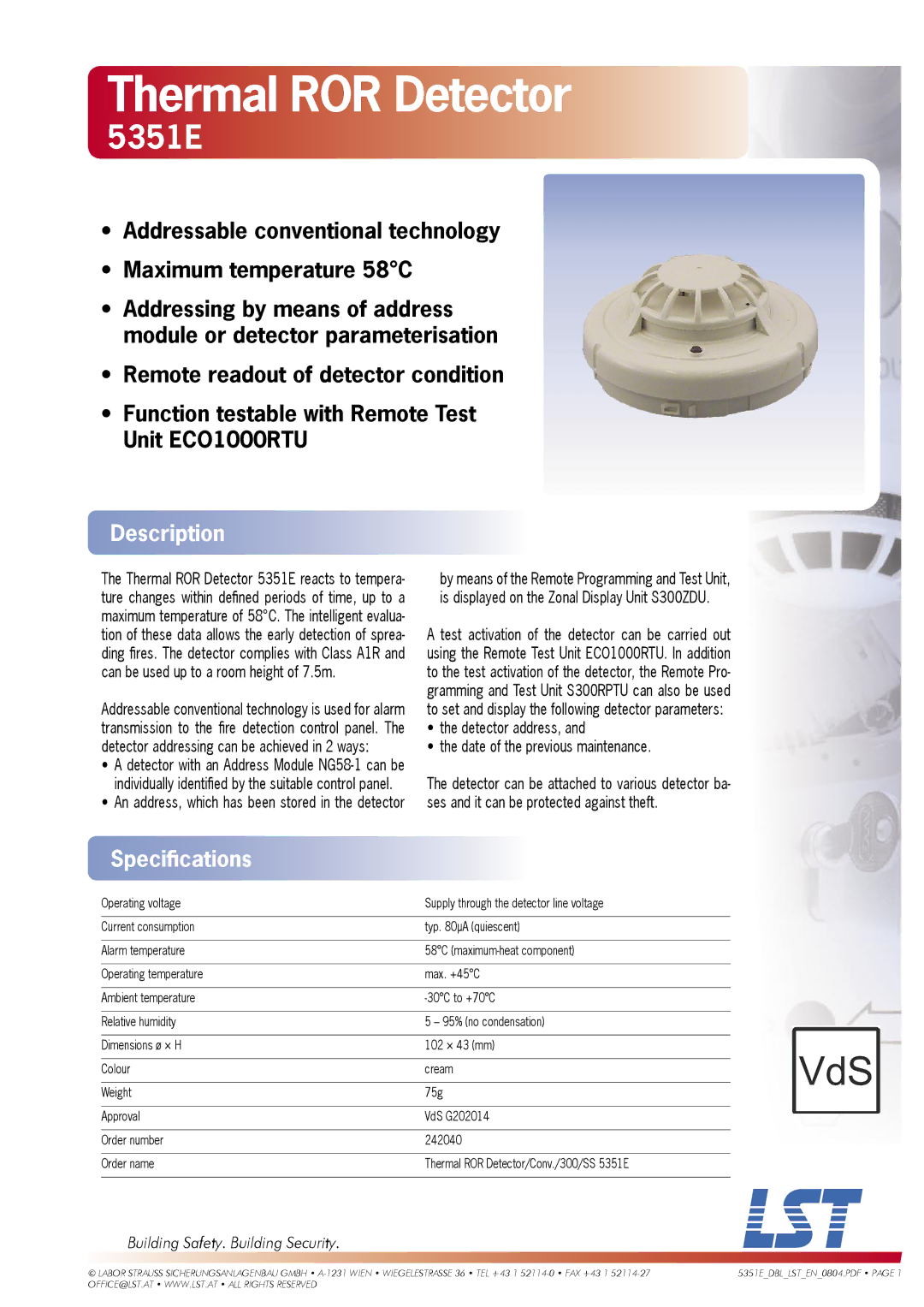 LST 5351E specifications Thermal ROR Detector, Description, Speciﬁcations 