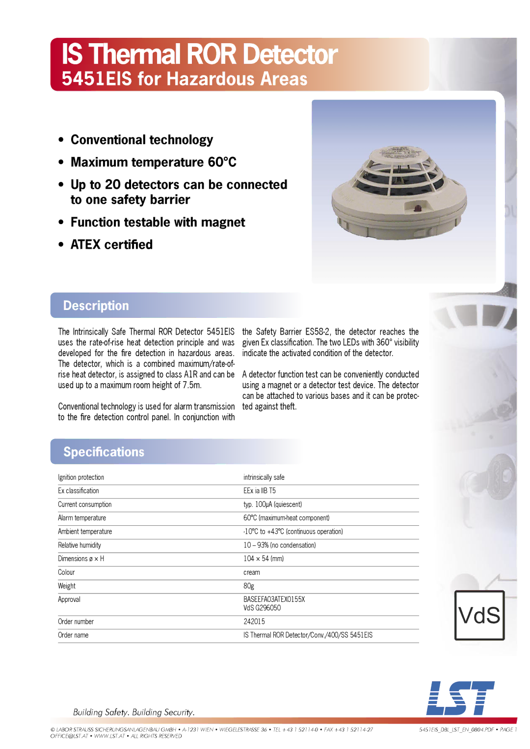 LST specifications Is Thermal ROR Detector, 5451EIS for Hazardous Areas, Description, Speciﬁcations 