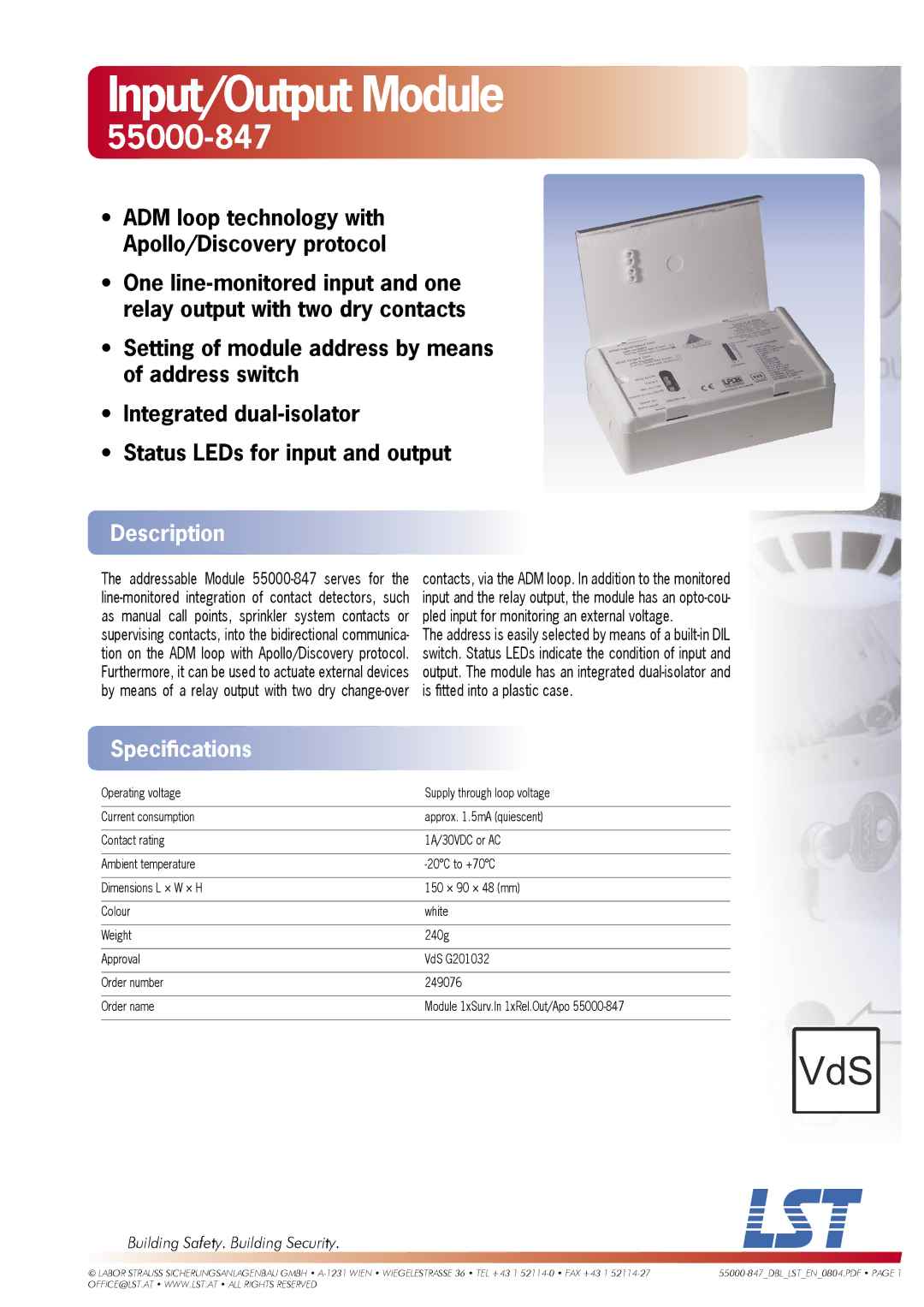 LST 55000-847 specifications Input/Output Module, Description, Speciﬁcations, Building Safety. Building Security 