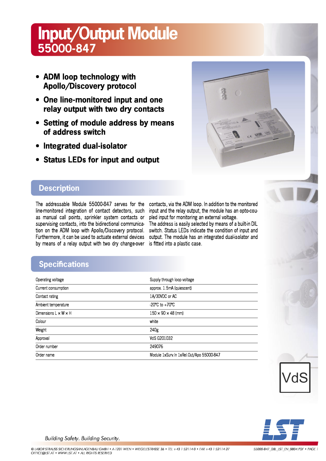 LST 55000-847 specifications Input/Output Module, Integrated dual-isolator, Status LEDs for input and output, Description 