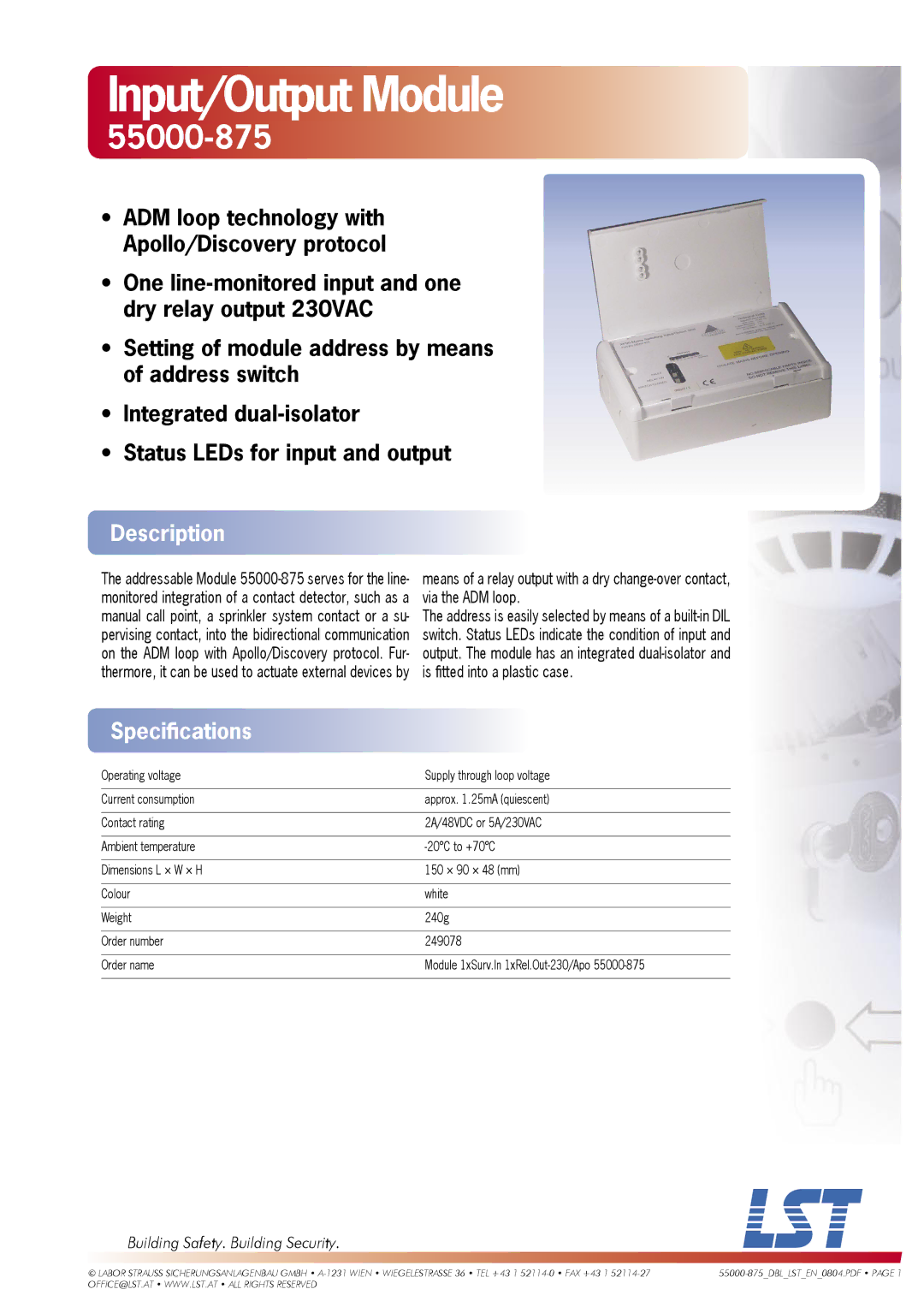 LST 55000-875 specifications Input/Output Module, Description, Speciﬁcations, Building Safety. Building Security 