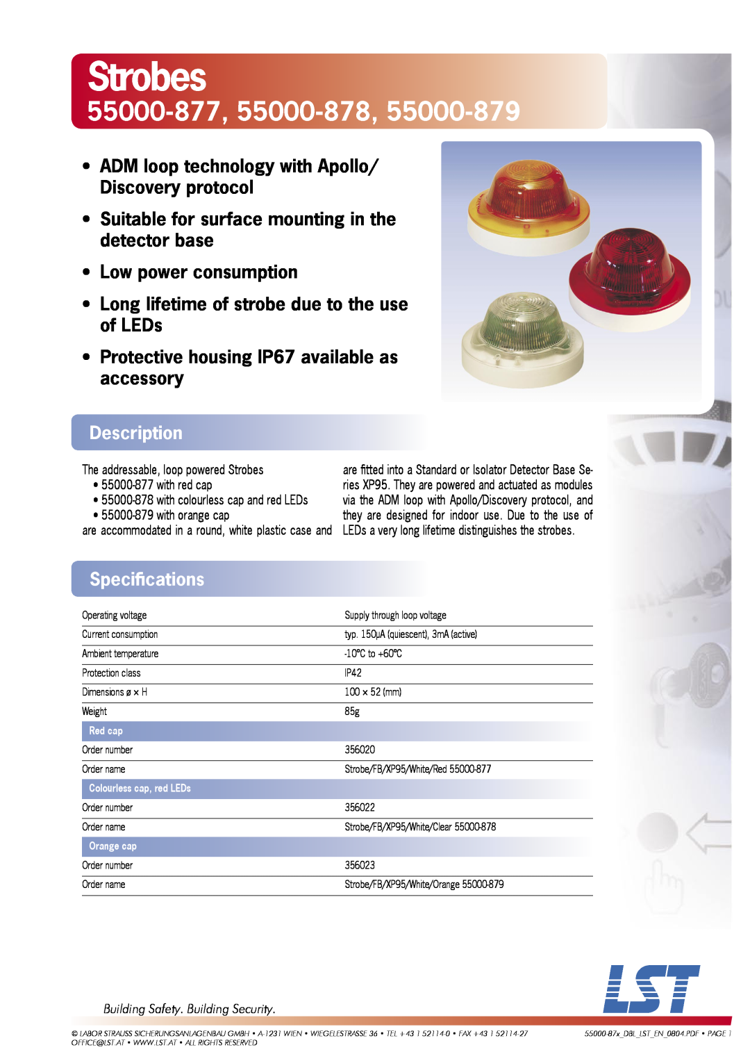 LST 55000-878 dimensions Description, Speciﬁcations, Strobes, 55000-877, Low power consumption, Red cap, Orange cap 