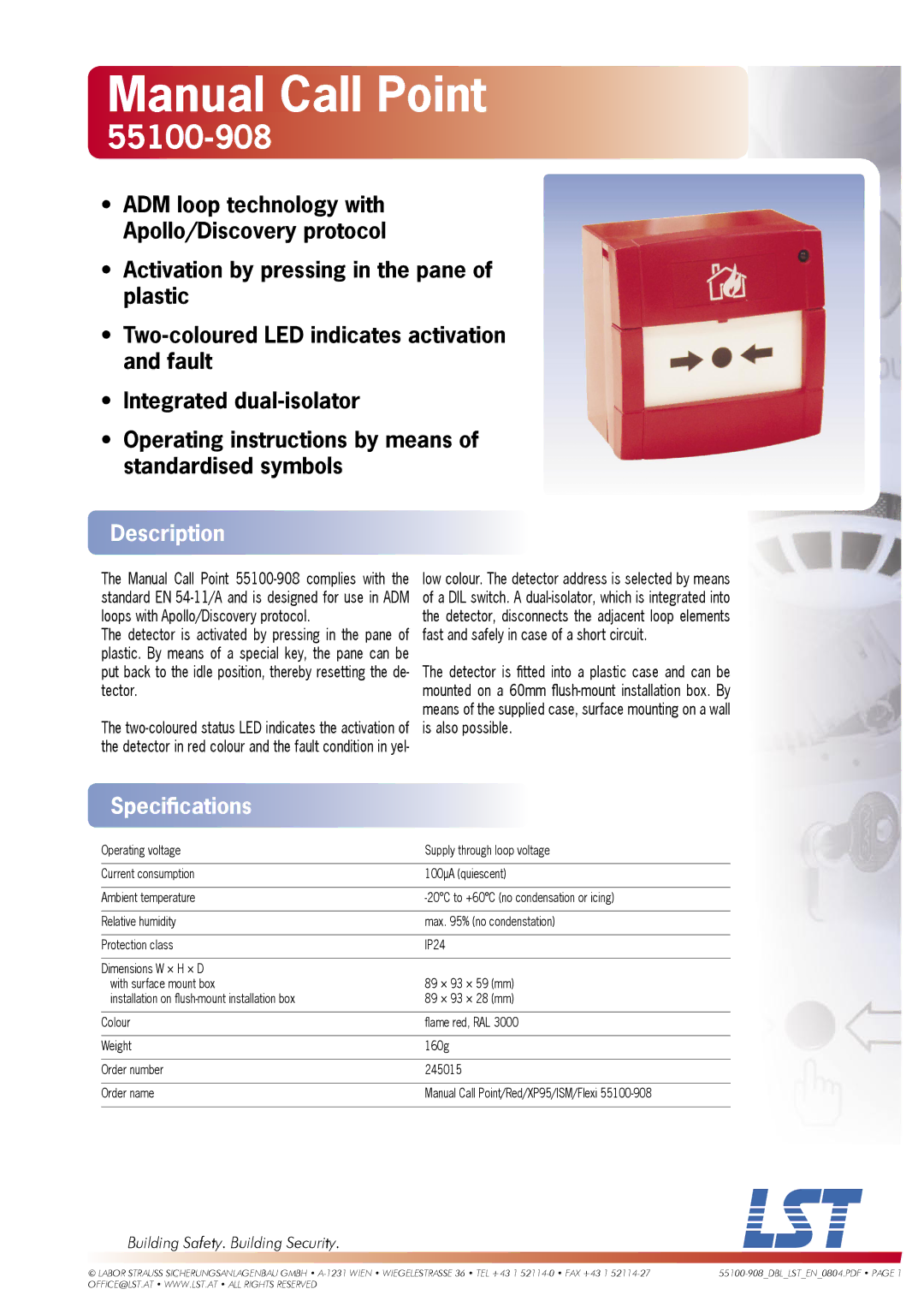 LST 55100-908 specifications Manual Call Point, Description, Speciﬁcations, Building Safety. Building Security 