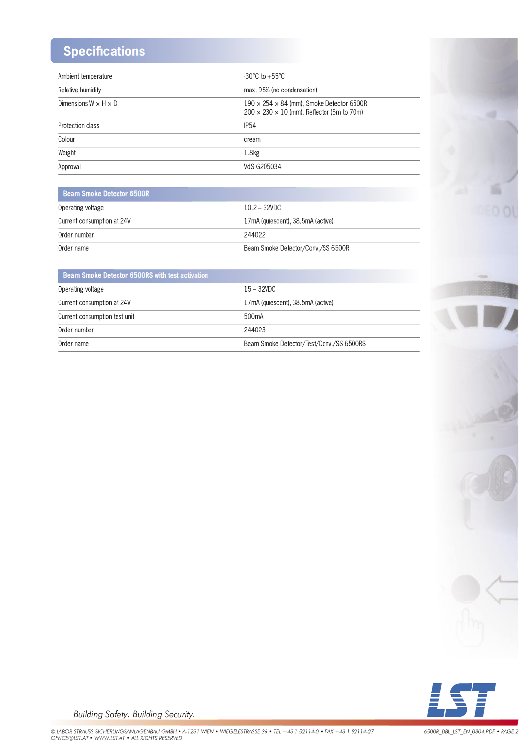 LST 6500RS manual Speciﬁcations, Beam Smoke Detector 6500R 