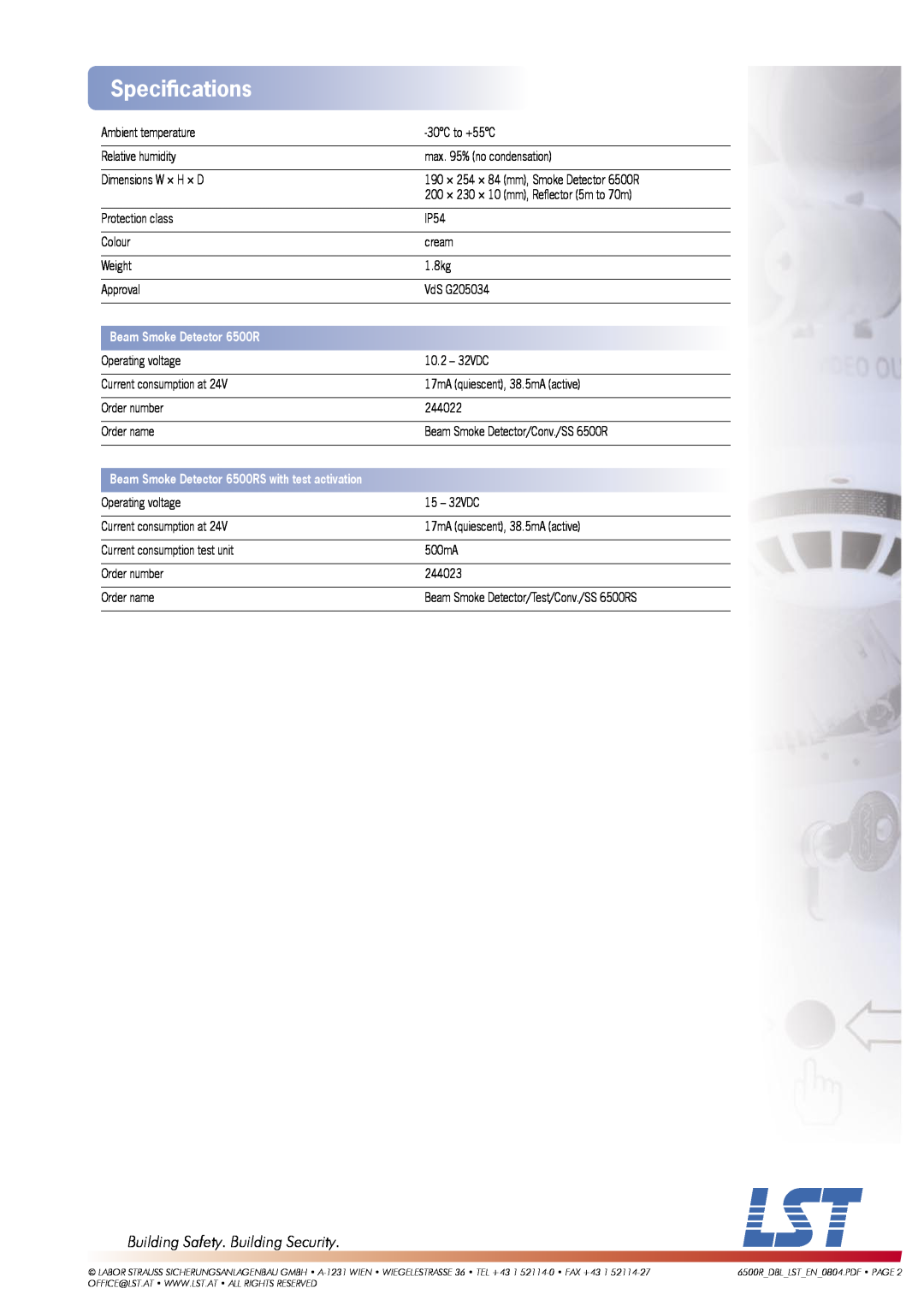 LST 6500RS manual Speciﬁcations, Building Safety. Building Security, Beam Smoke Detector 6500R 