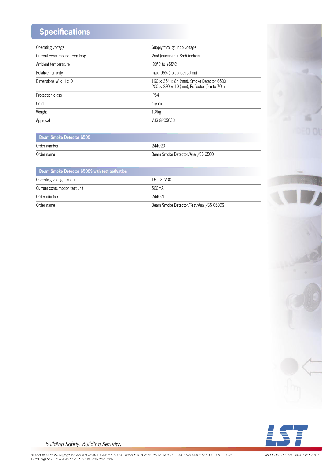 LST 6500S manual Speciﬁcations, Beam Smoke Detector 