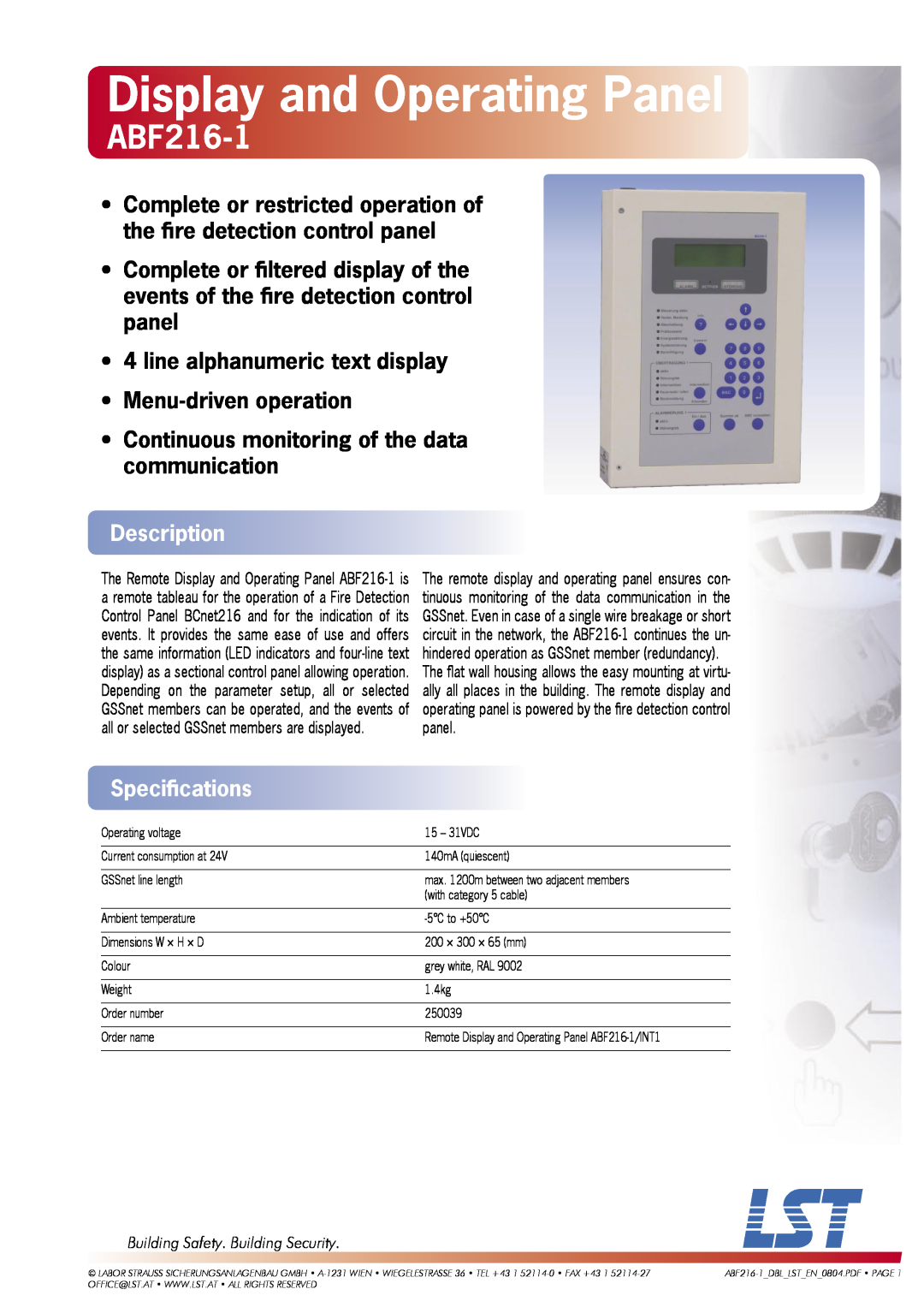 LST ABF216-1 specifications Display and Operating Panel, line alphanumeric text display, Menu-drivenoperation, Description 