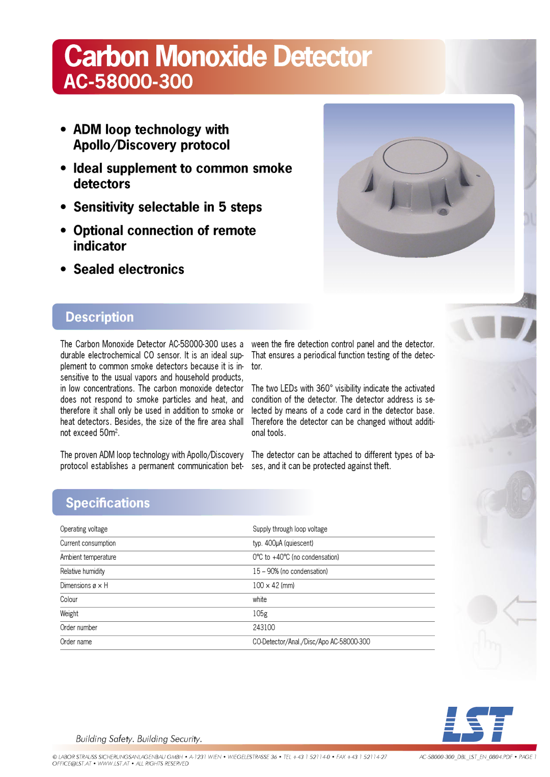 LST AC-58000-300 specifications Carbon Monoxide Detector, Description, Speciﬁcations, Building Safety. Building Security 