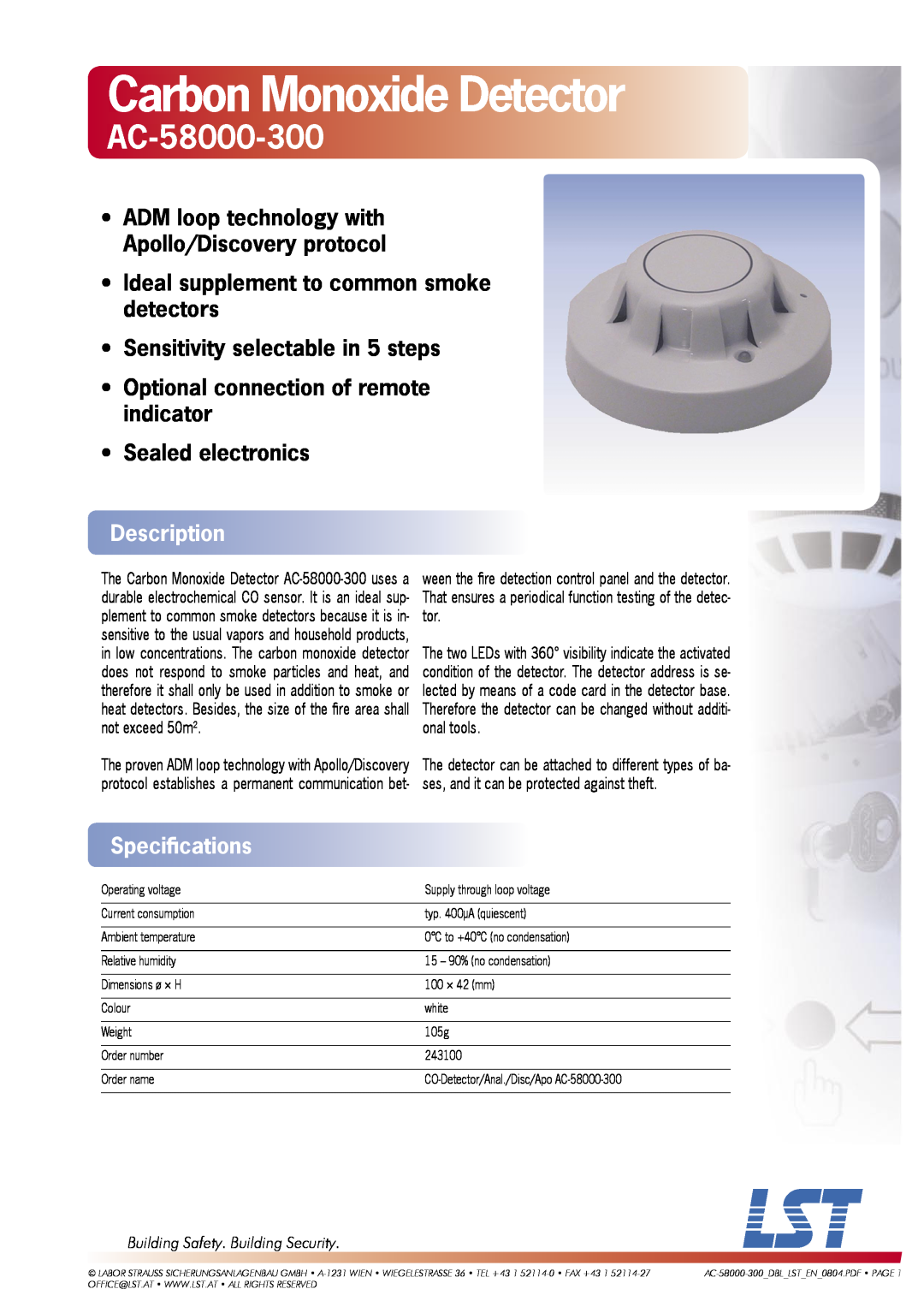LST AC-58000-300 specifications Carbon Monoxide Detector, Ideal supplement to common smoke detectors, Sealed electronics 