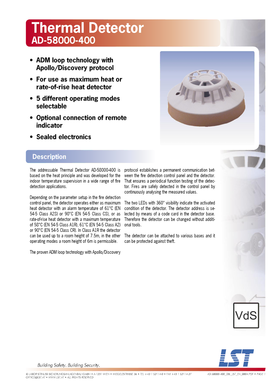 LST AD-58000-400 manual Thermal Detector, Description 