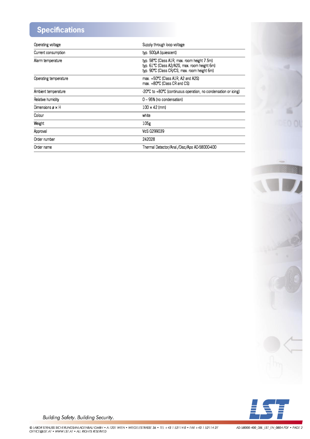 LST AD-58000-400 manual Speciﬁcations, Building Safety. Building Security 