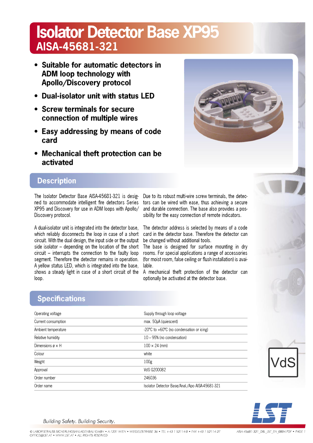 LST AISA-45681-321 specifications Isolator Detector Base XP95, Description, Speciﬁcations 